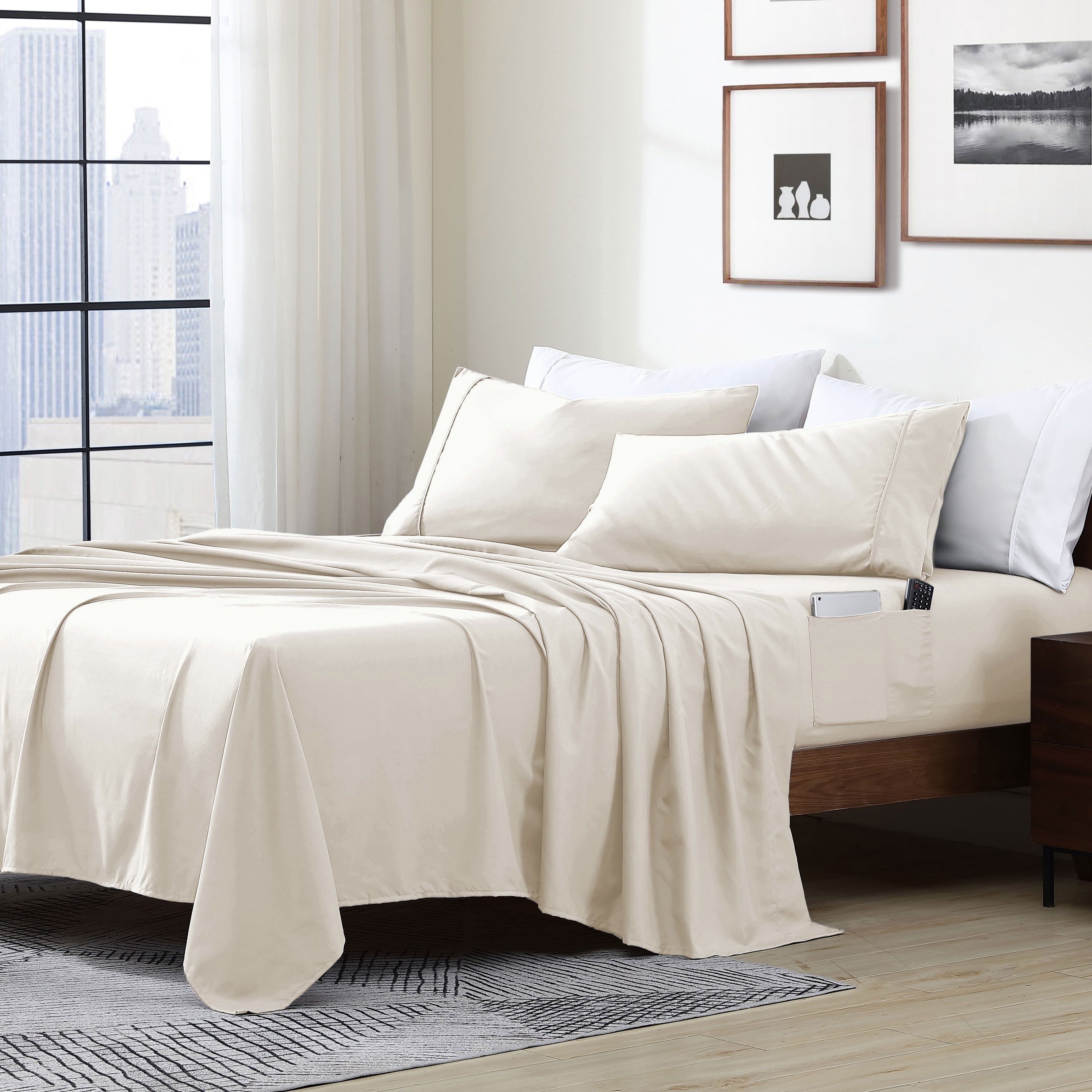 Parure de lit avec pochette de rangement en microfibre douce et essentielle pour draps intelligents