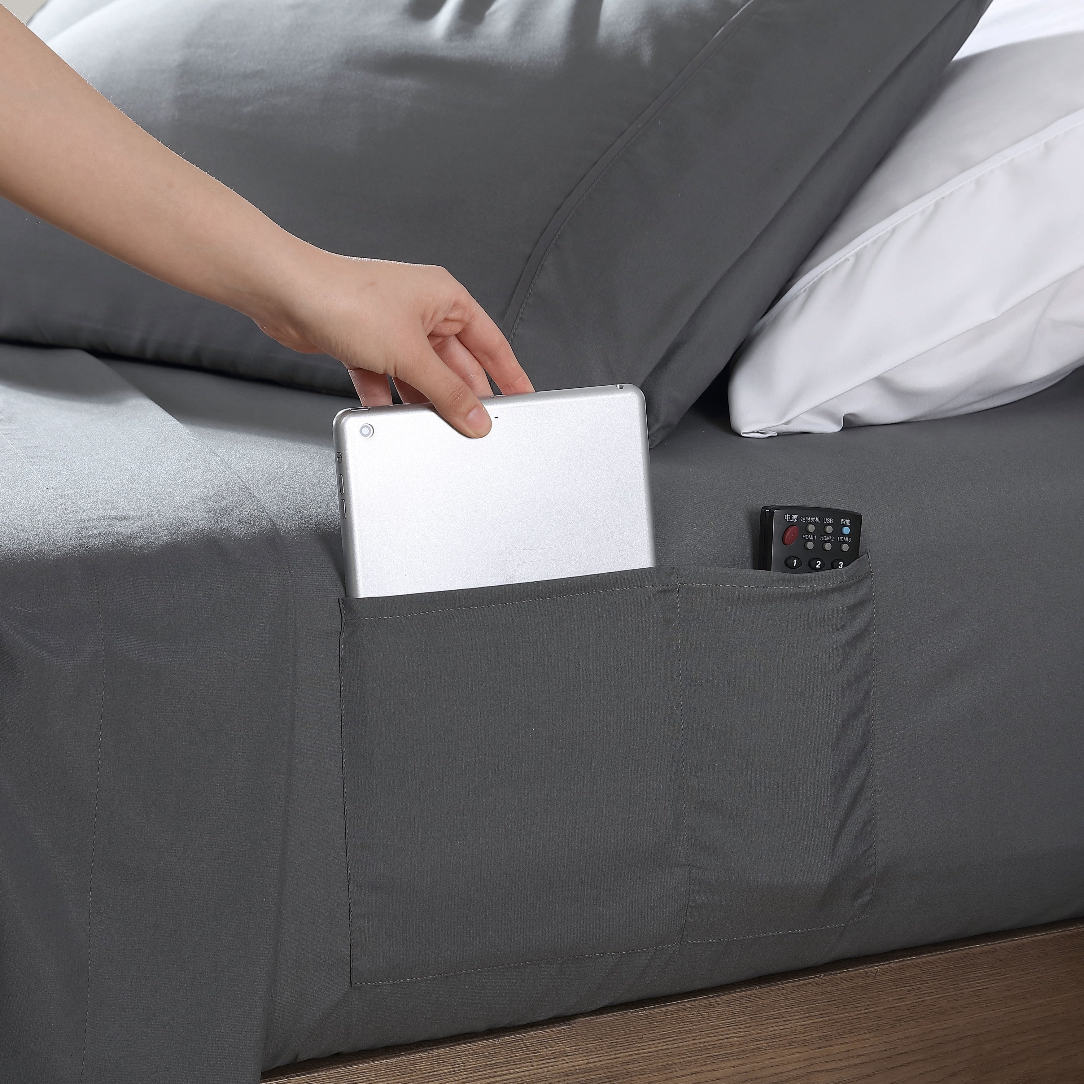 Parure de lit avec pochette de rangement en microfibre douce et essentielle pour draps intelligents