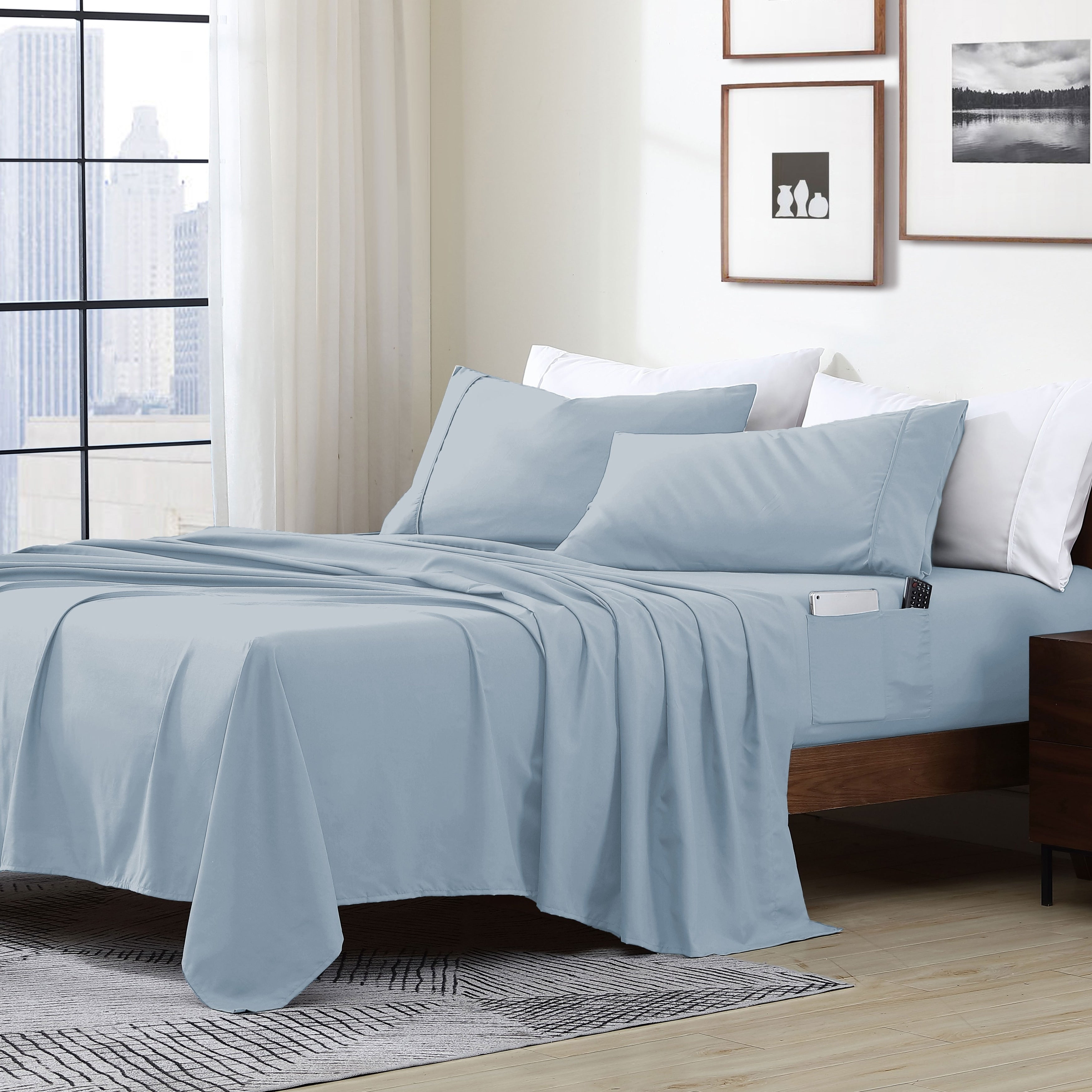 Parure de lit avec pochette de rangement en microfibre douce et essentielle pour draps intelligents