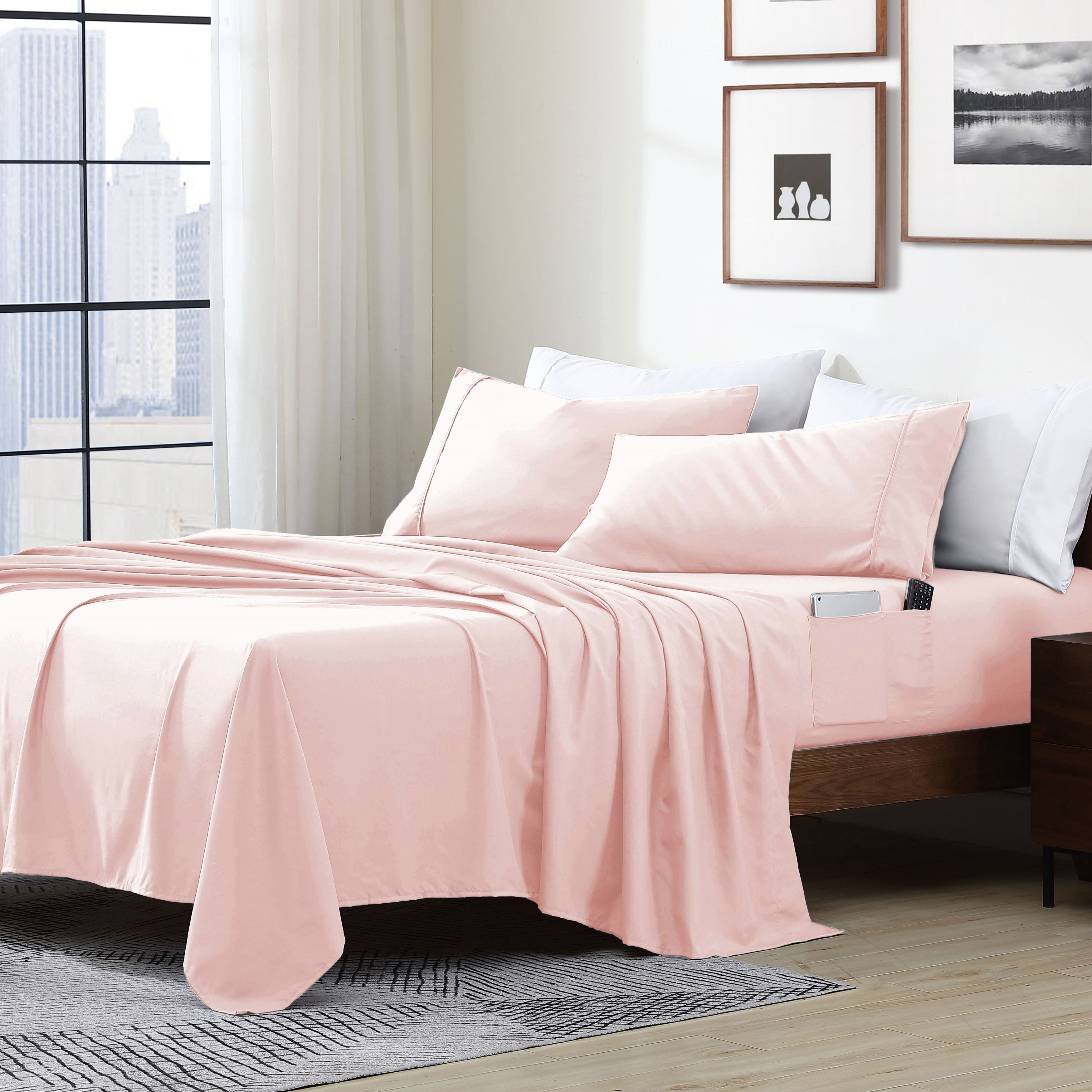 Parure de lit avec pochette de rangement en microfibre douce et essentielle pour draps intelligents