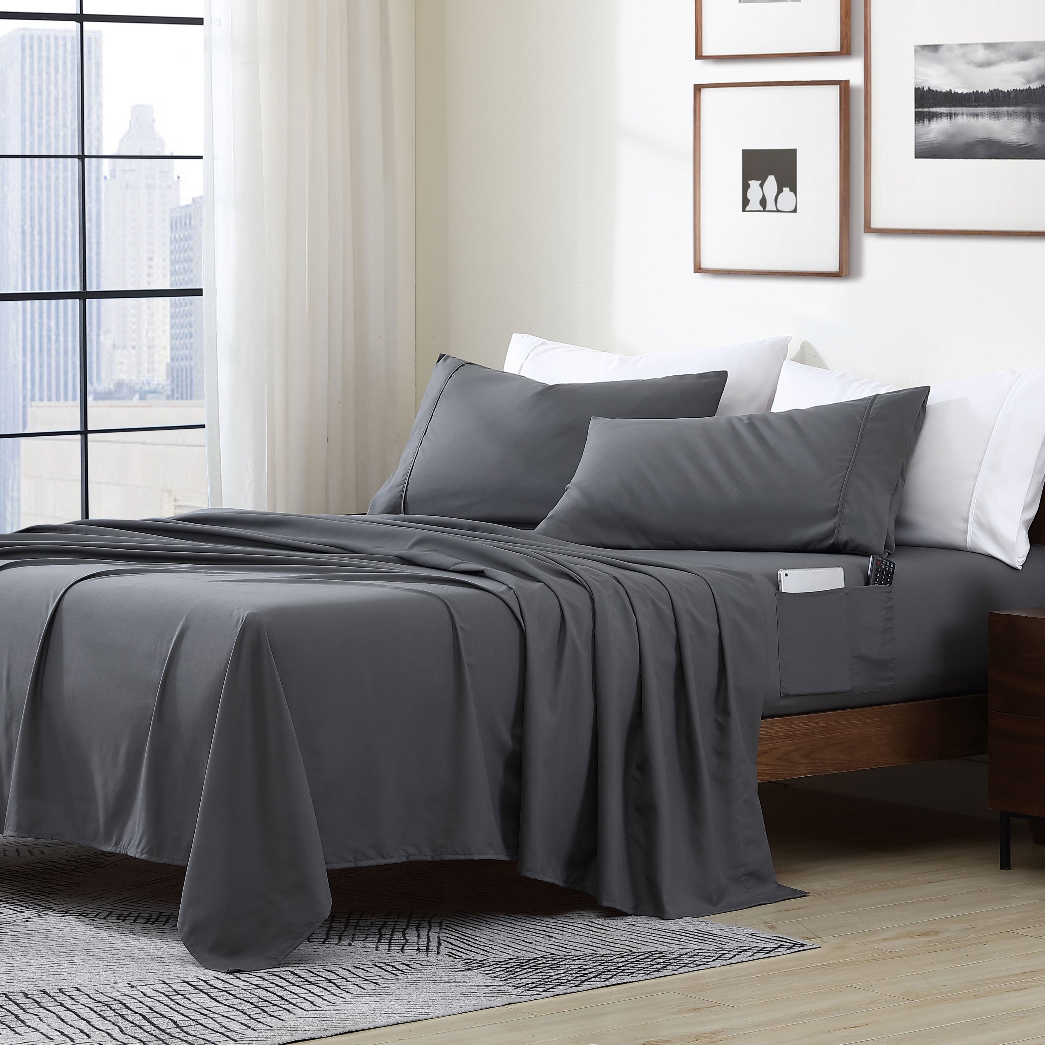 Parure de lit avec pochette de rangement en microfibre douce et essentielle pour draps intelligents