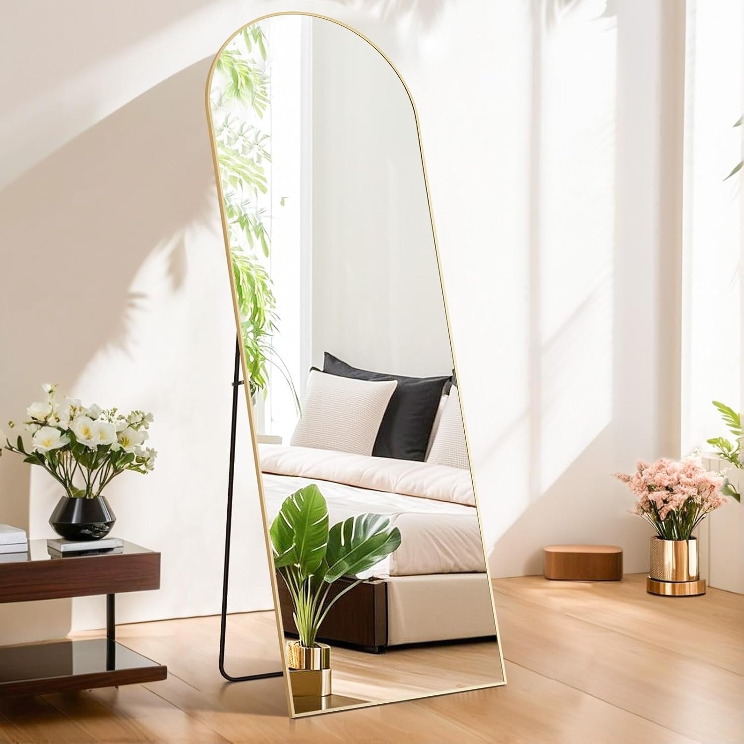 Miroir arqué pleine longueur, 21 x 64, miroir mural en verre incassable, grand miroir arqué haut avec support, cadre en alliage d'aluminium