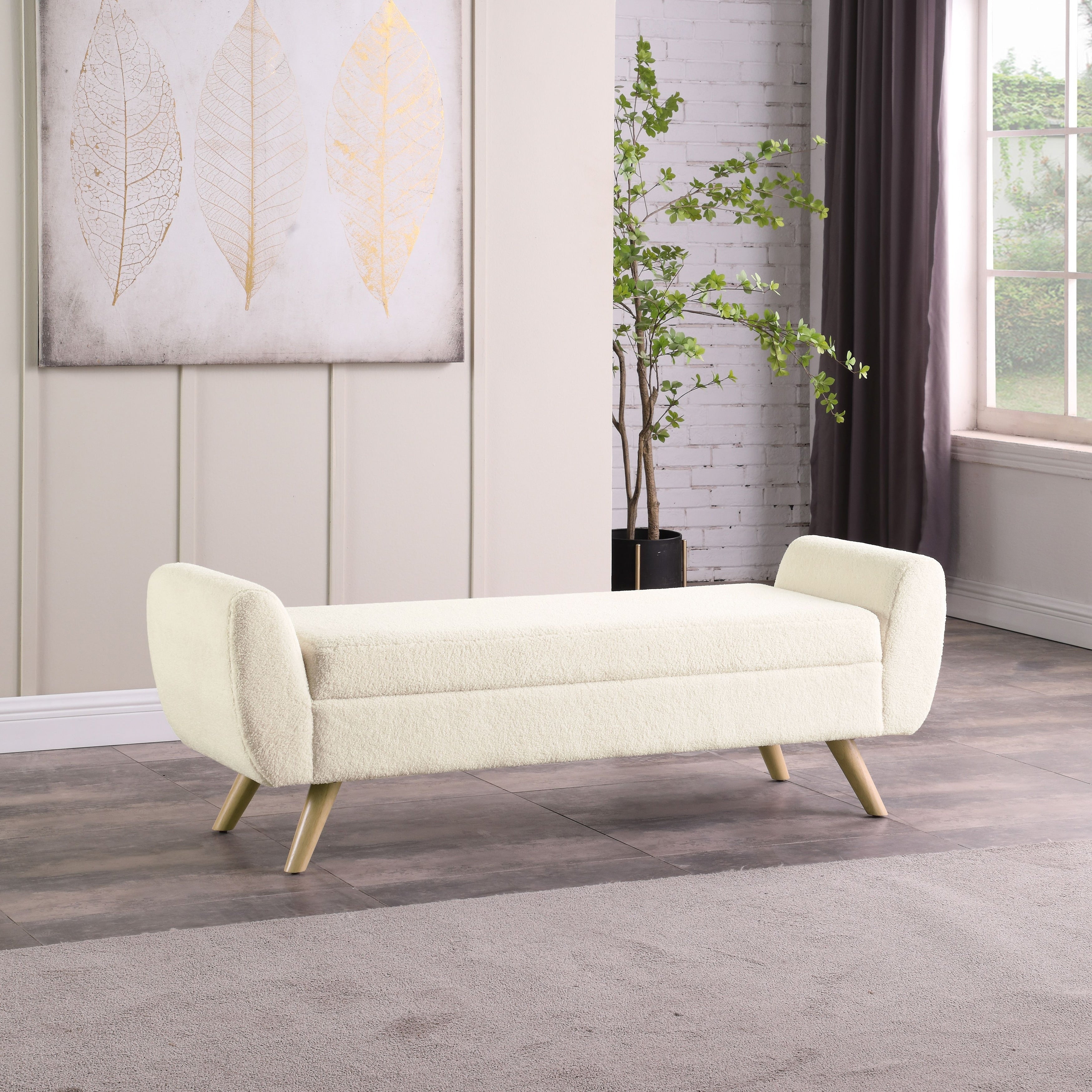 Banc de rangement moderne en sherpa avec pieds en bois HomePop