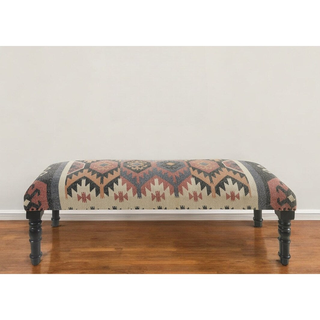 Banc rembourré en jute et laine mélangés beige, brun, rouille et noir HomeRoots 47, style sud-ouest, vieilli - 47 x 18 x 16