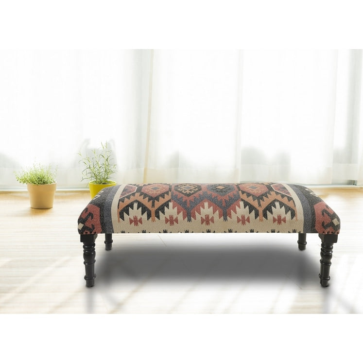Banc rembourré en jute et laine mélangés beige, brun, rouille et noir HomeRoots 47, style sud-ouest, vieilli - 47 x 18 x 16