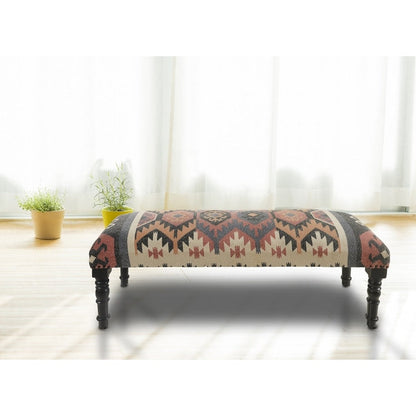 Banc rembourré en jute et laine mélangés beige, brun, rouille et noir HomeRoots 47, style sud-ouest, vieilli - 47 x 18 x 16