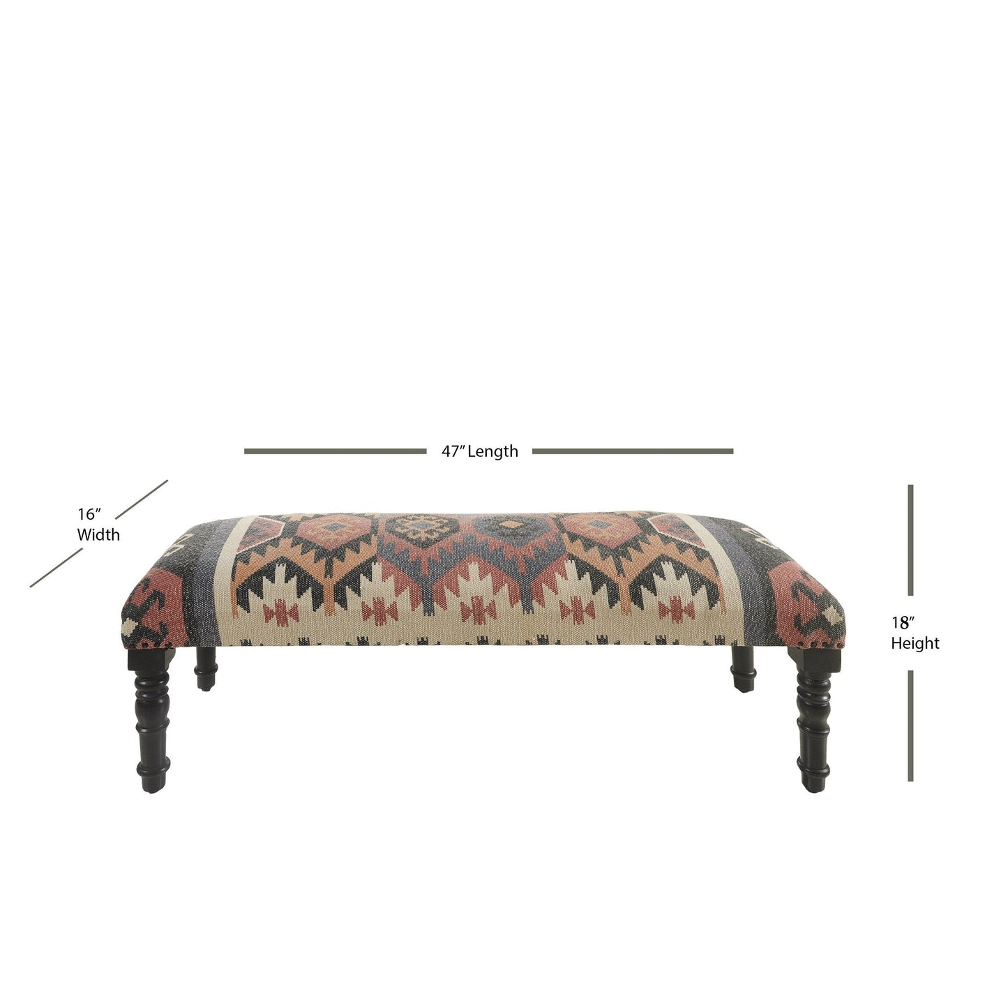 Banc rembourré en jute et laine mélangés beige, brun, rouille et noir HomeRoots 47, style sud-ouest, vieilli - 47 x 18 x 16