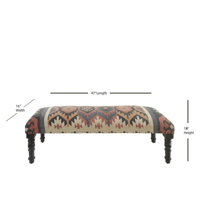 Banc rembourré en jute et laine mélangés beige, brun, rouille et noir HomeRoots 47, style sud-ouest, vieilli - 47 x 18 x 16