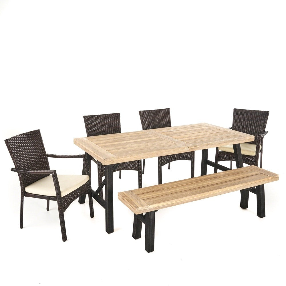 Ensemble de salle à manger rectangulaire en osier et bois Horton, 6 pièces, avec coussins, par Christopher Knight Home