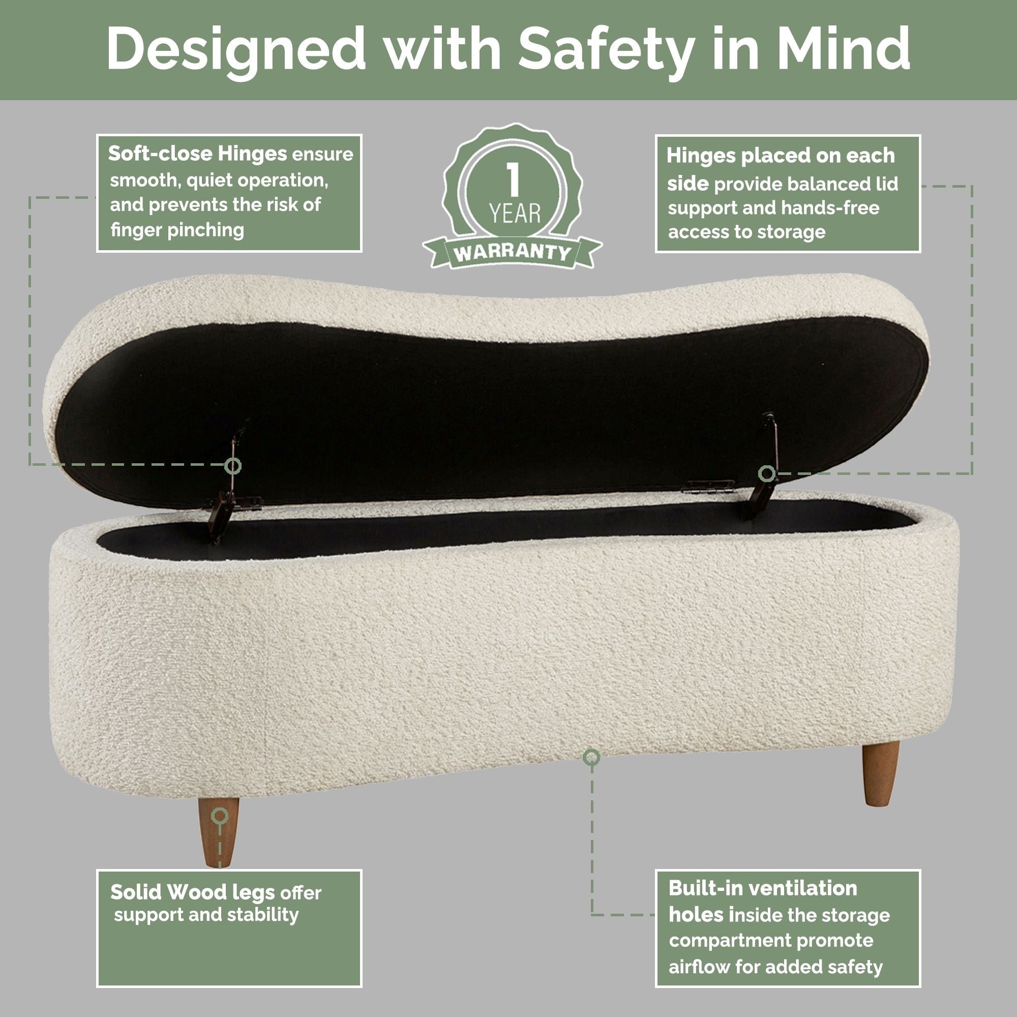INK IVY Bailey Boucle-Style Curved Storage Accent Bench