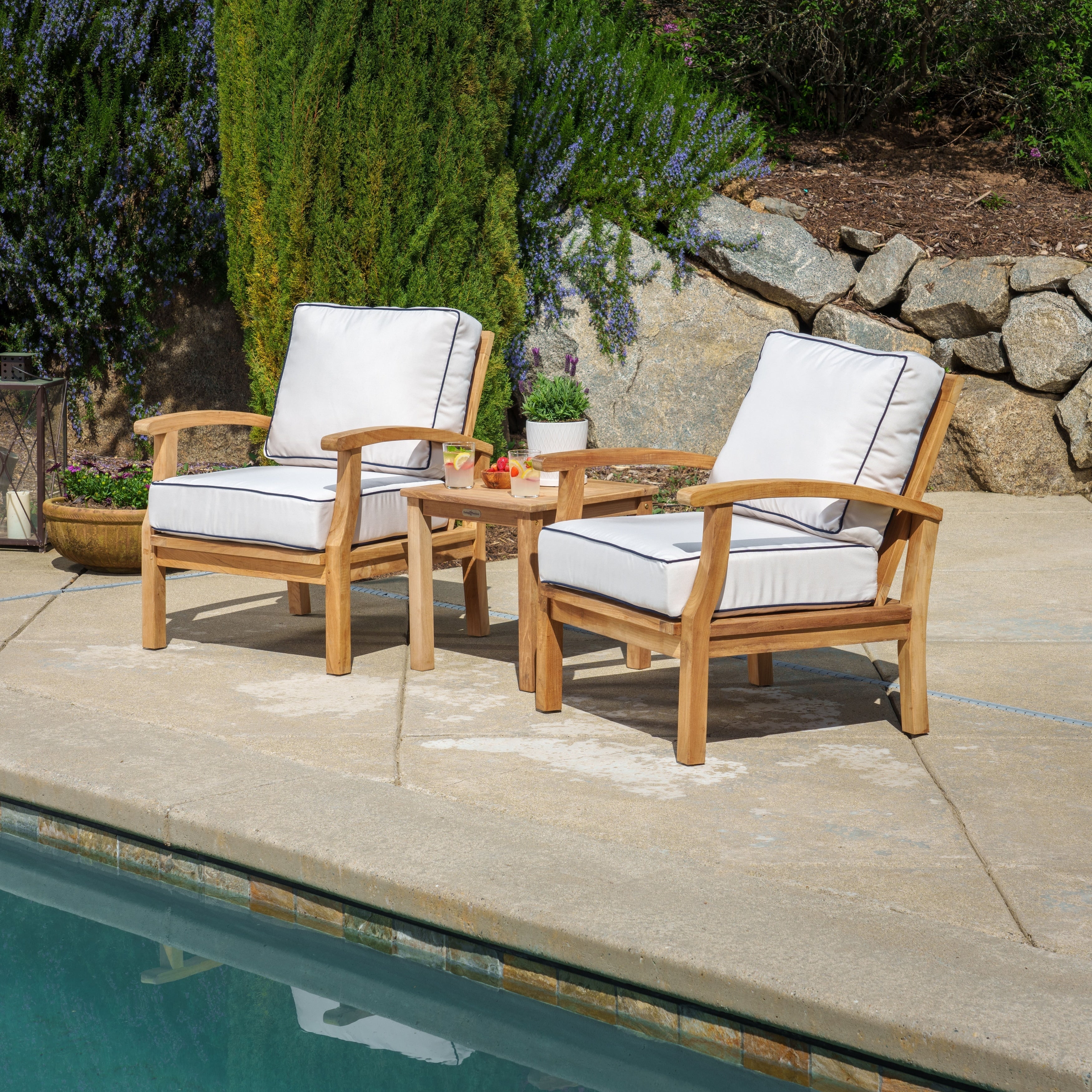 Ensemble de fauteuils club 3 pièces en teck indonésien avec coussins Sunbrella