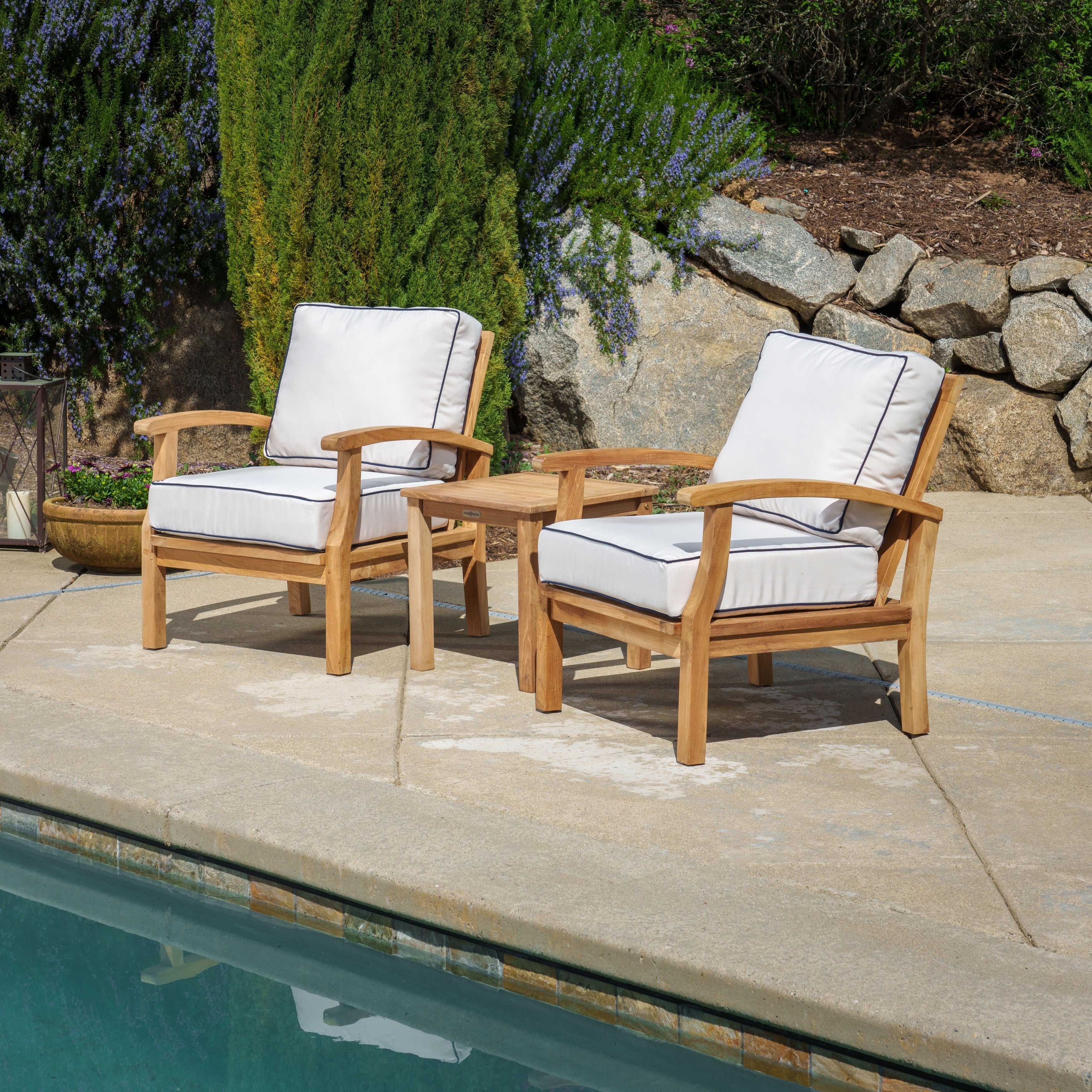 Ensemble de fauteuils club 3 pièces en teck indonésien avec coussins Sunbrella