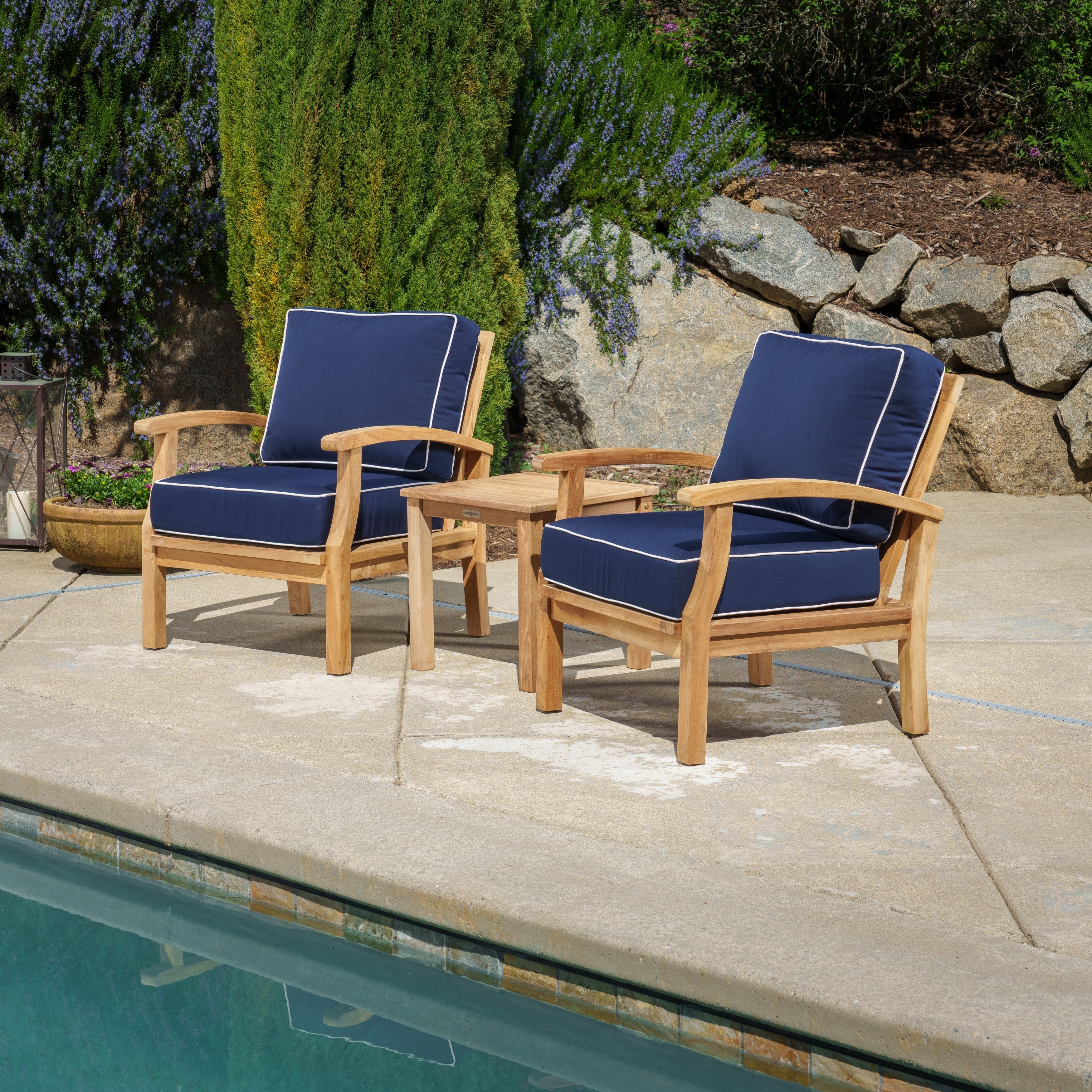 Ensemble de fauteuils club 3 pièces en teck indonésien avec coussins Sunbrella