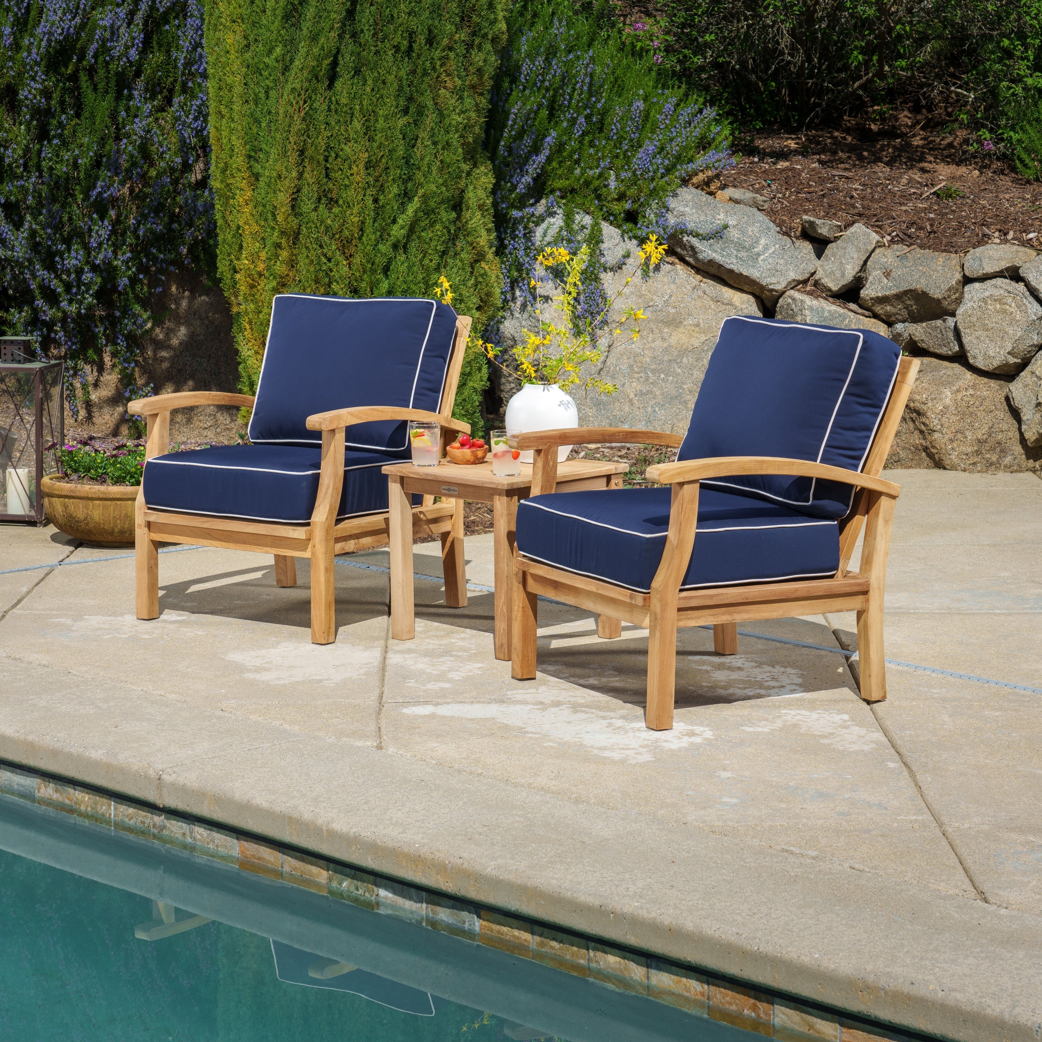 Ensemble de fauteuils club 3 pièces en teck indonésien avec coussins Sunbrella