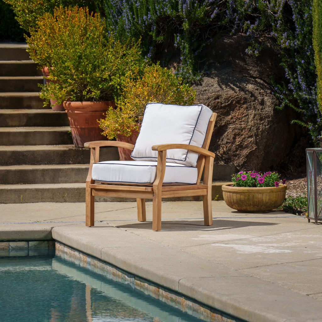 Ensemble de fauteuils club 3 pièces en teck indonésien avec coussins Sunbrella