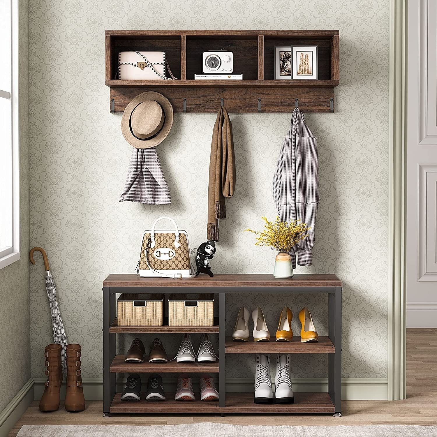 Entryway Coat Rack Shoe Bench Set, Industrial Hall Tree Coat Shoe Rack