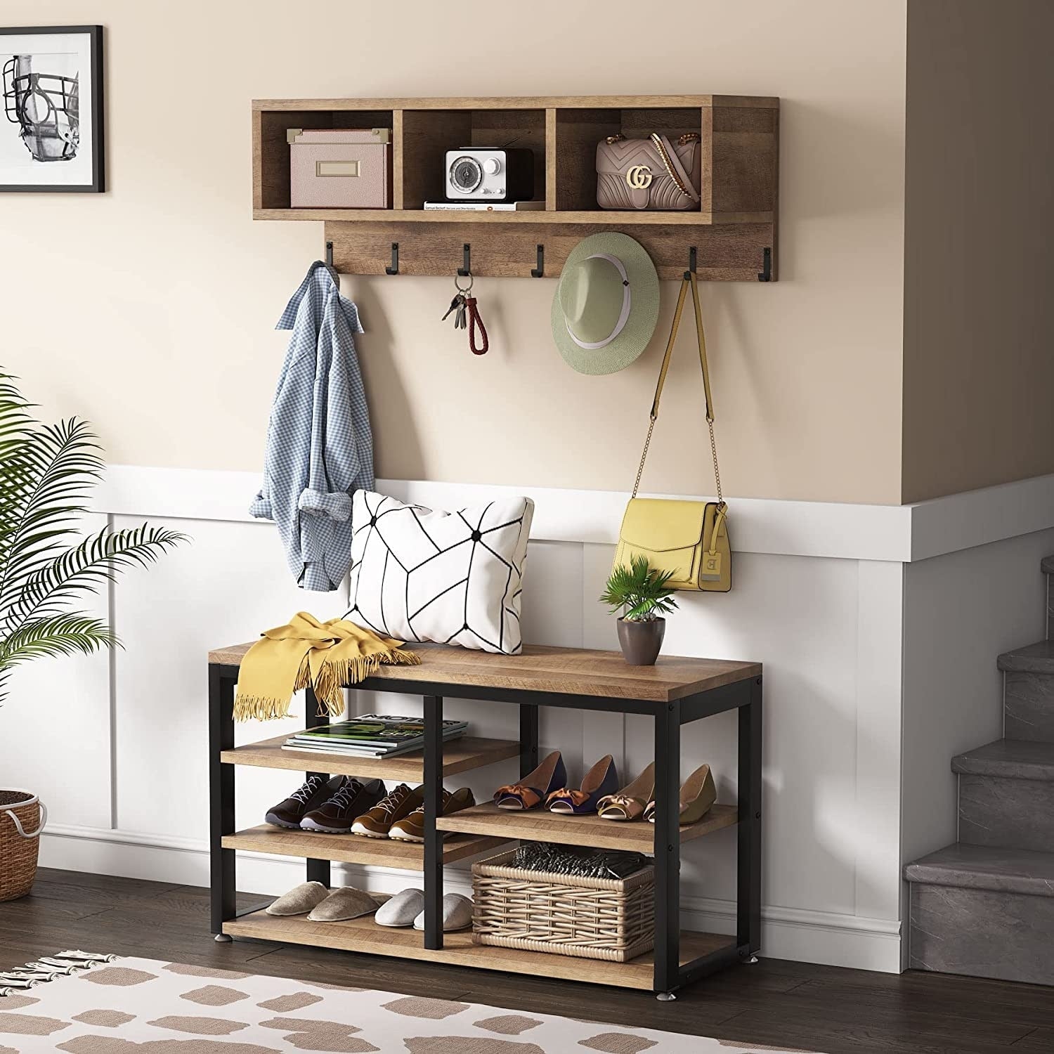 Entryway Coat Rack Shoe Bench Set, Industrial Hall Tree Coat Shoe Rack