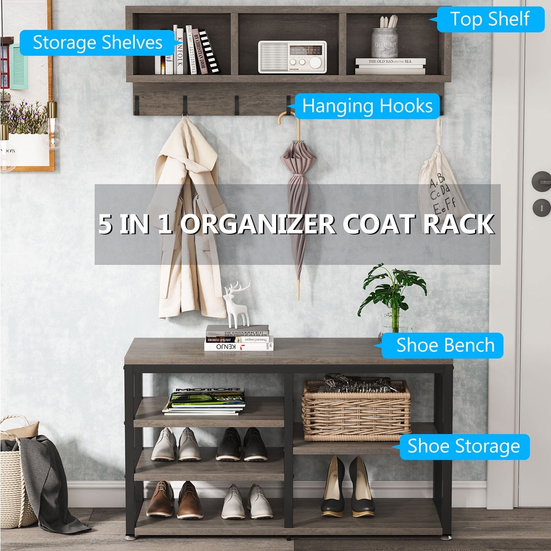 Entryway Coat Rack Shoe Bench Set, Industrial Hall Tree Coat Shoe Rack