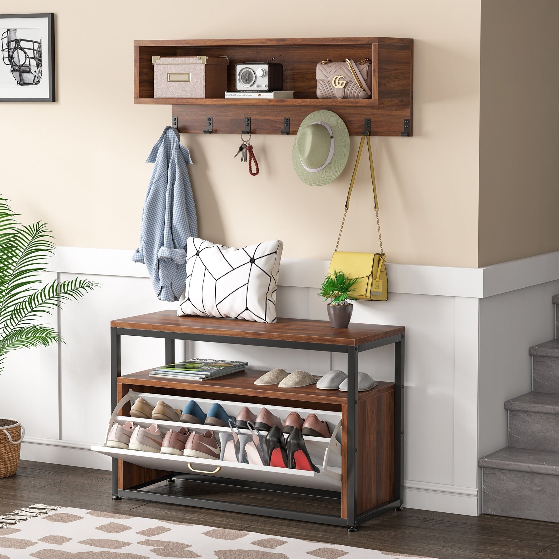Ensemble de porte-manteaux et bancs à chaussures pour entrée, porte-manteaux et porte-chaussures industriel