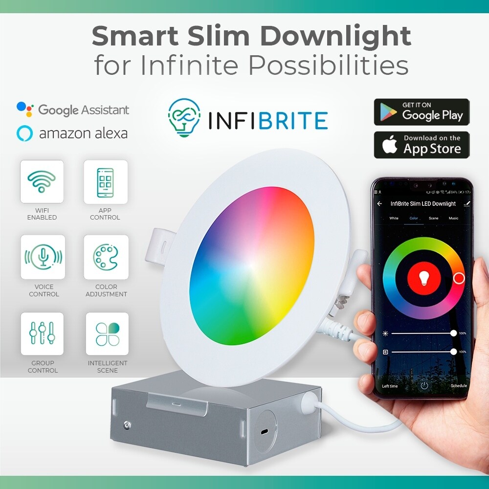 Spot encastré LED ultra-mince intelligent Wi-Fi Infibrite de 4 pouces, montage au plafond, 9 W, 810 lm, intensité variable, avec boîte de jonction