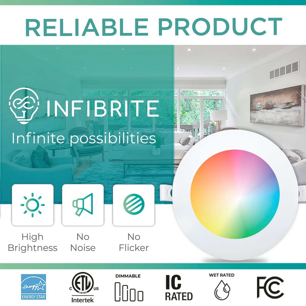 Spot encastré LED ultra-mince intelligent Wi-Fi Infibrite de 4 pouces, montage au plafond, 9 W, 810 lm, intensité variable, avec boîte de jonction
