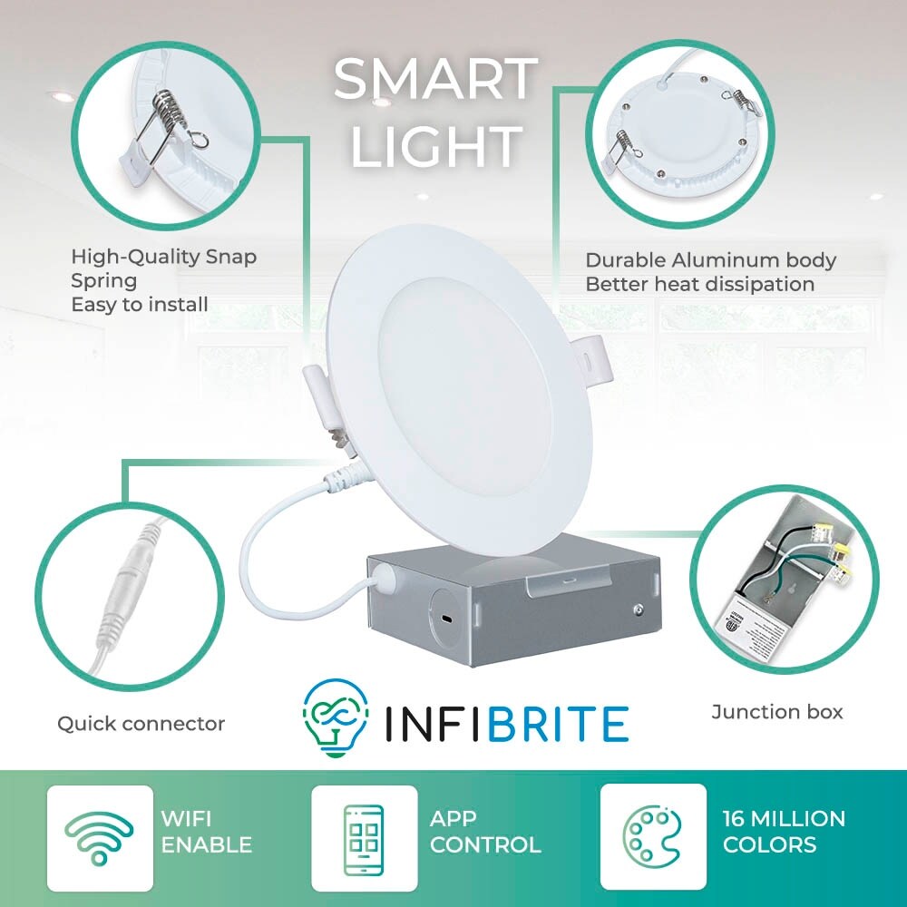 Spot encastré LED ultra-mince intelligent Wi-Fi Infibrite de 4 pouces, montage au plafond, 9 W, 810 lm, intensité variable, avec boîte de jonction