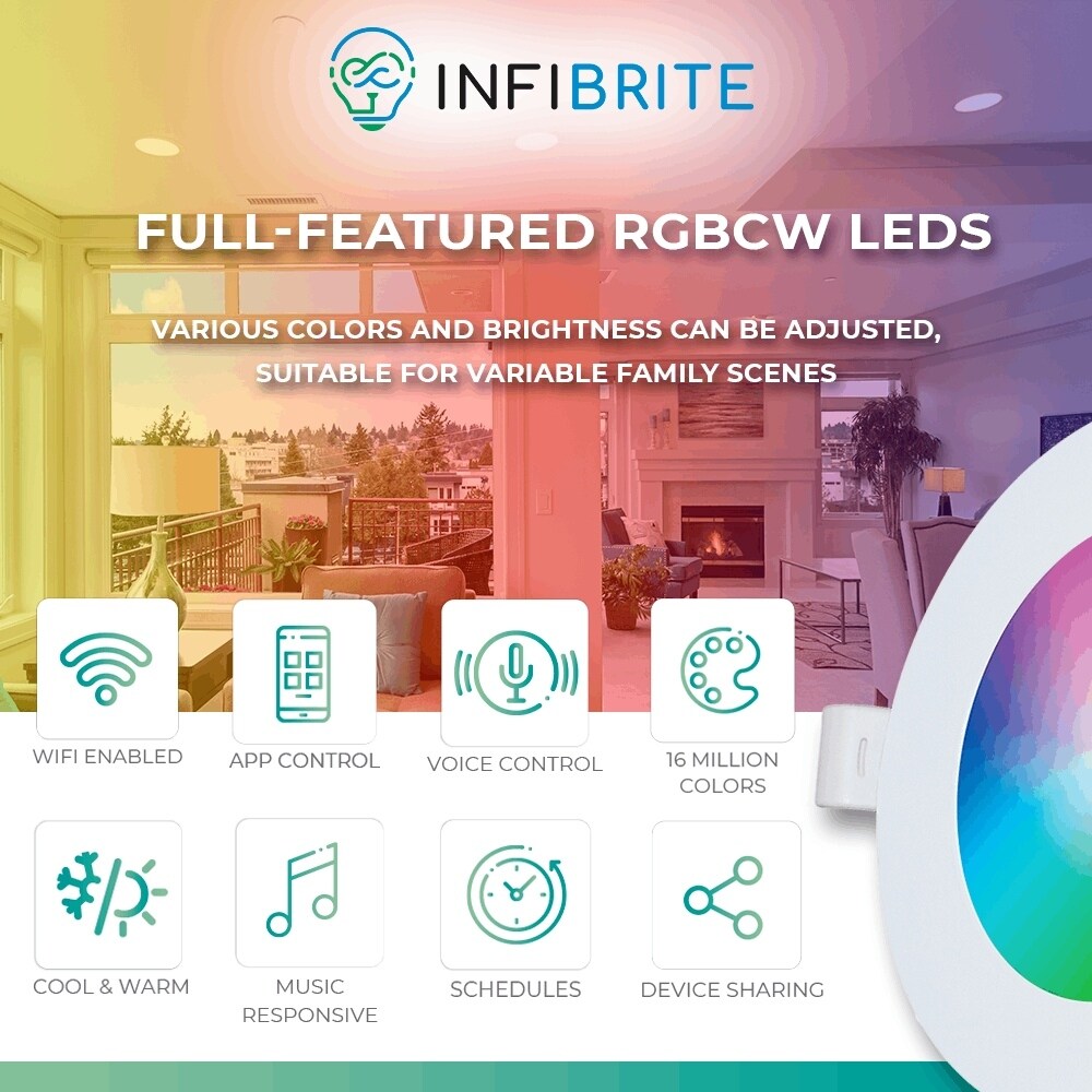 Spot encastré LED ultra-mince intelligent Wi-Fi Infibrite de 4 pouces, montage au plafond, 9 W, 810 lm, intensité variable, avec boîte de jonction