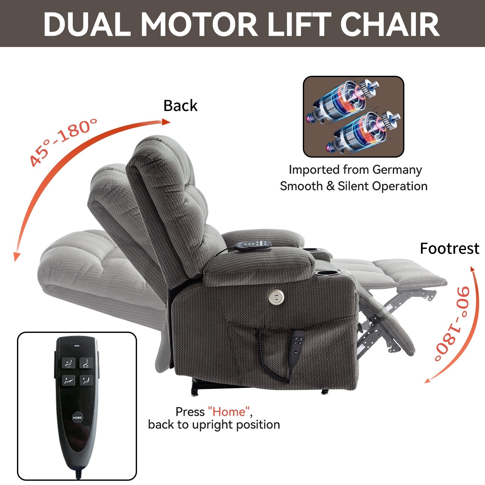 Fauteuil inclinable électrique à double moteur à position infinie, mécanisme de mouvement robuste avec porte-gobelets chauffants et de massage et poches latérales