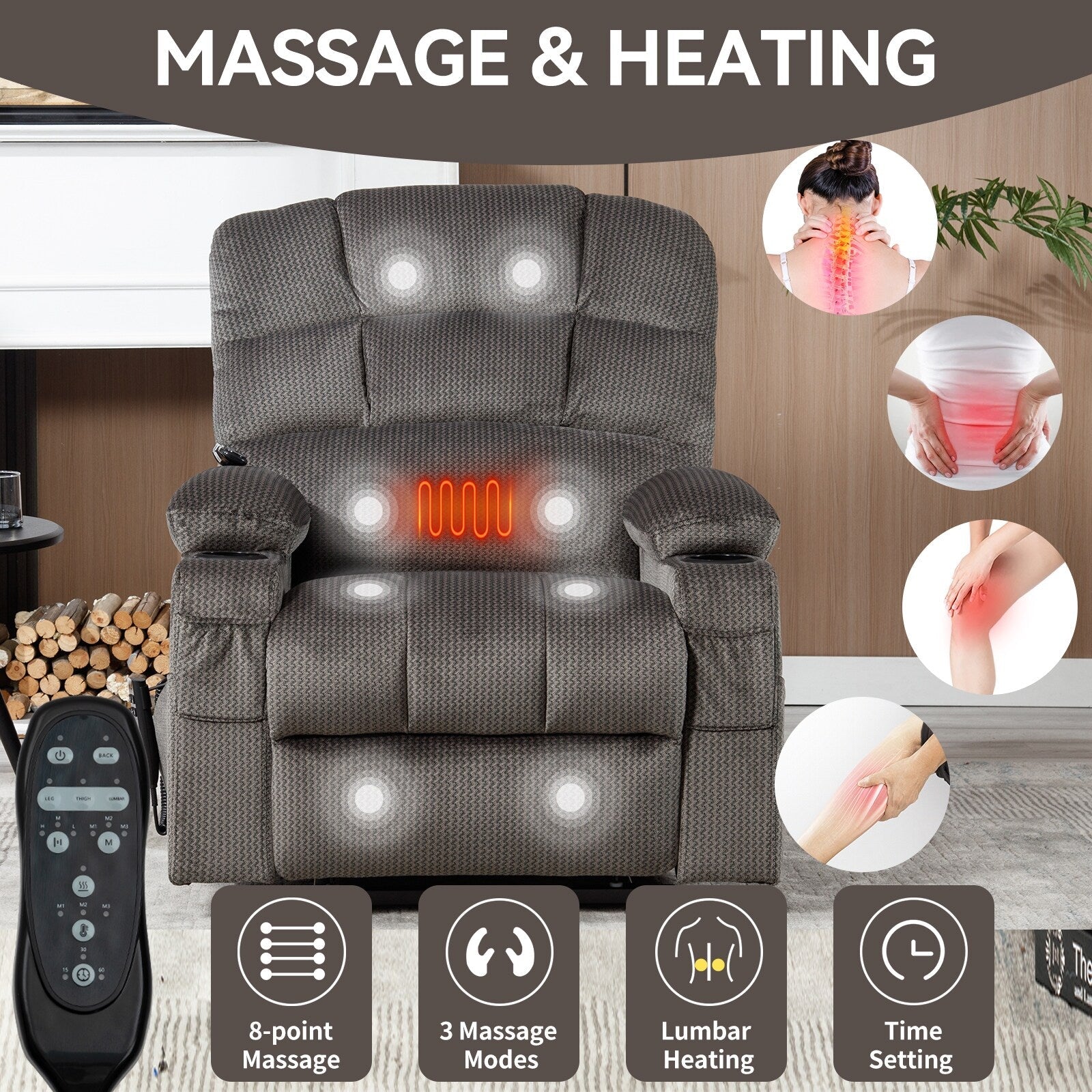 Fauteuil inclinable électrique à double moteur à position infinie, mécanisme de mouvement robuste avec porte-gobelets chauffants et de massage et poches latérales