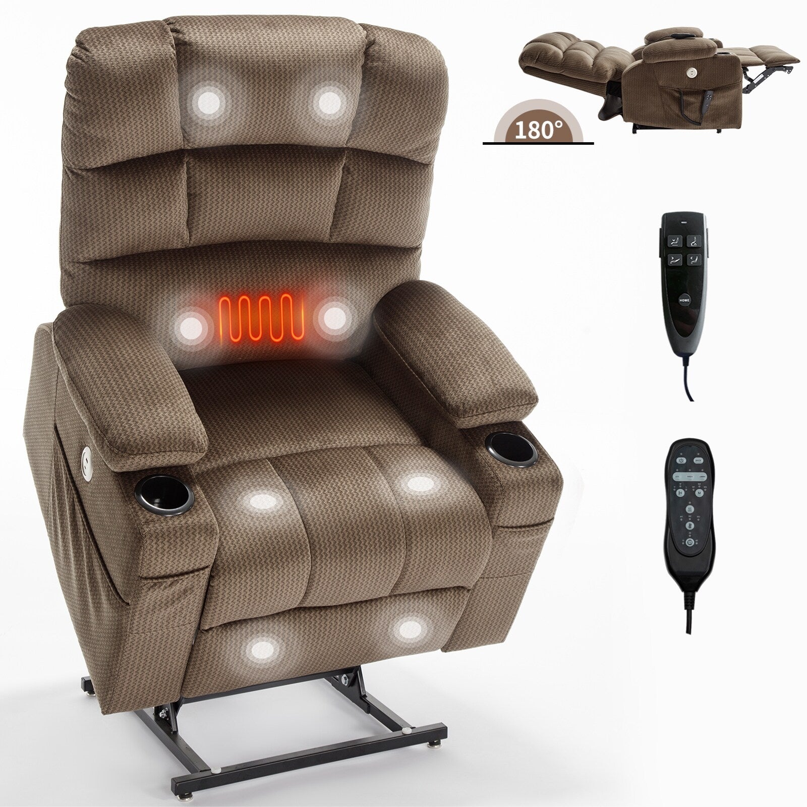 Fauteuil inclinable électrique à double moteur à position infinie, mécanisme de mouvement robuste avec porte-gobelets chauffants et de massage et poches latérales