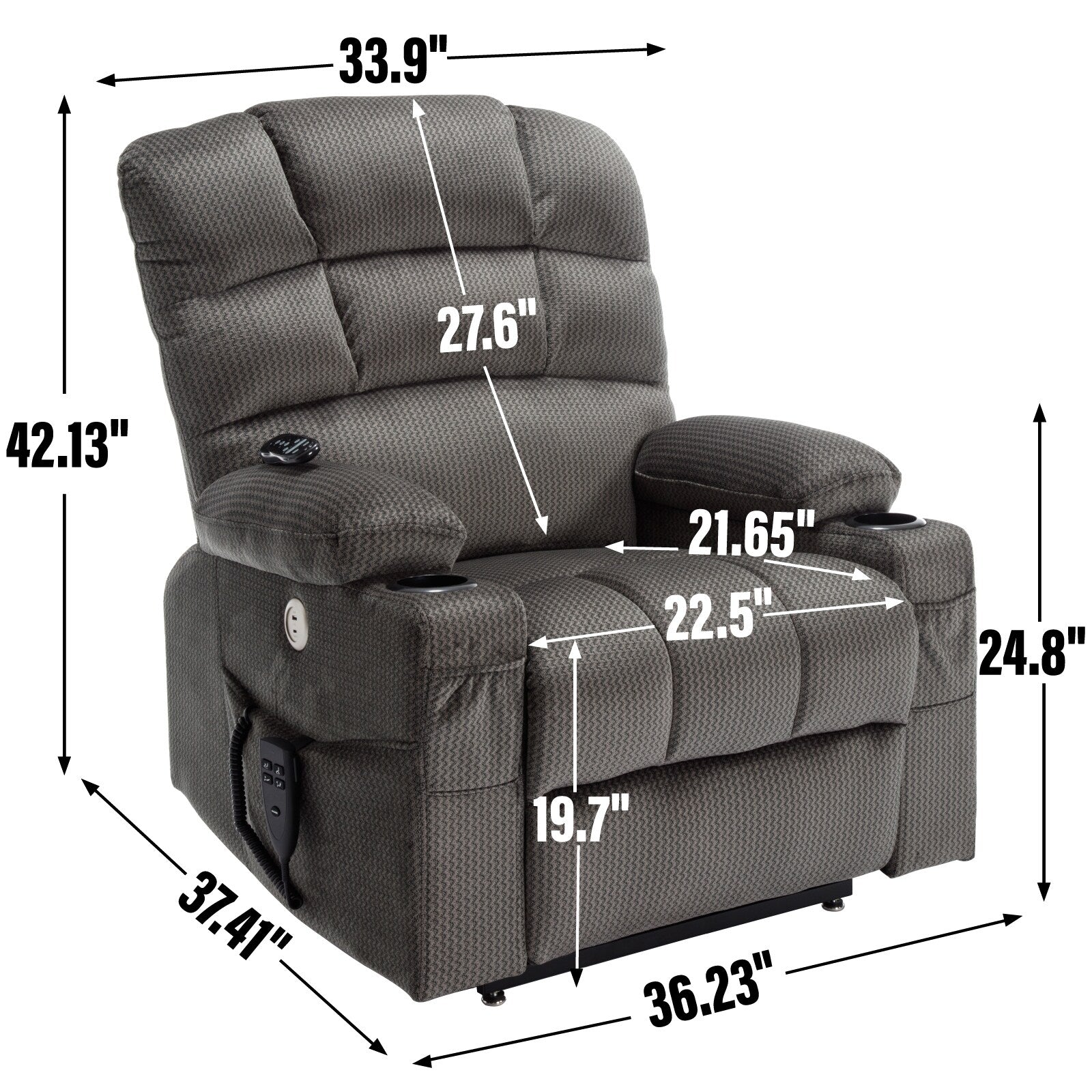 Fauteuil inclinable électrique à double moteur à position infinie, mécanisme de mouvement robuste avec porte-gobelets chauffants et de massage et poches latérales