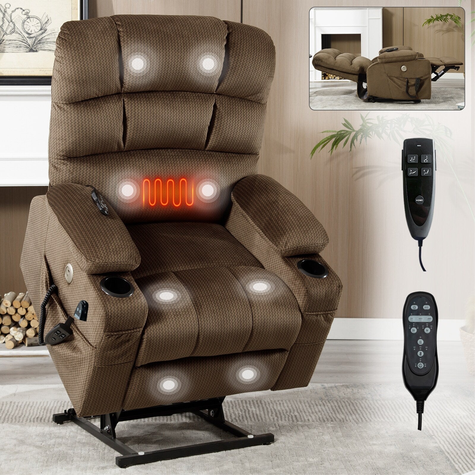 Fauteuil inclinable électrique à double moteur à position infinie, mécanisme de mouvement robuste avec porte-gobelets chauffants et de massage et poches latérales