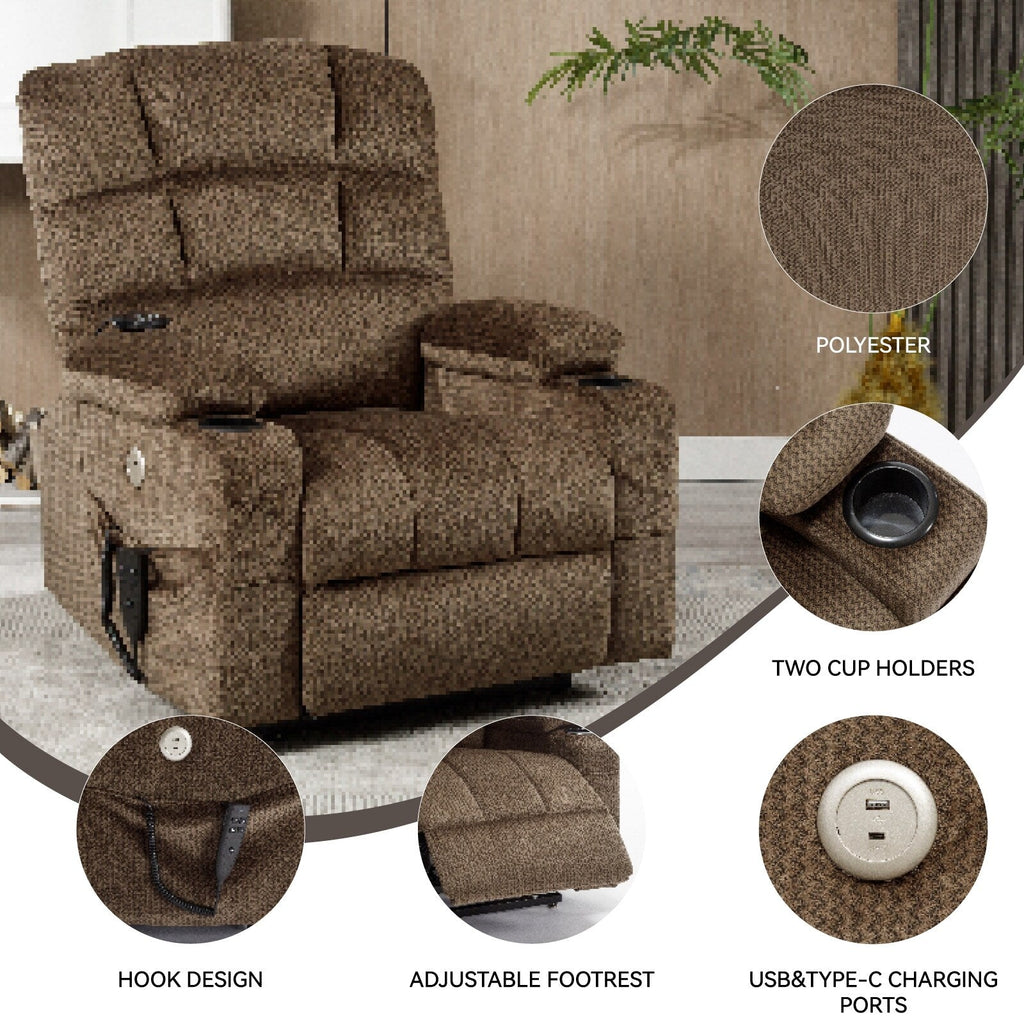 Fauteuil inclinable électrique à double moteur à position infinie, mécanisme de mouvement robuste avec porte-gobelets chauffants et de massage et poches latérales