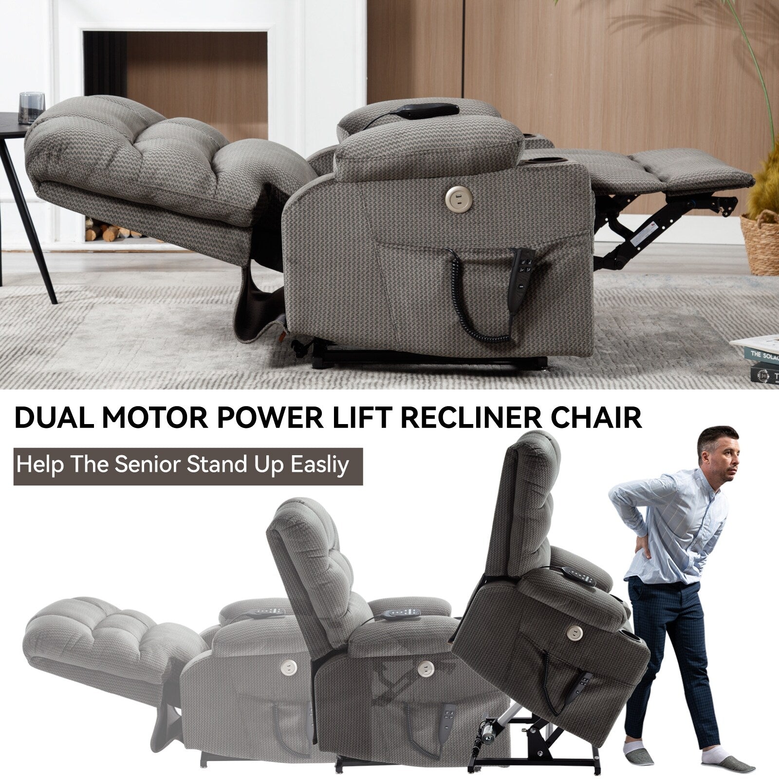 Fauteuil inclinable électrique à double moteur à position infinie, mécanisme de mouvement robuste avec porte-gobelets chauffants et de massage et poches latérales
