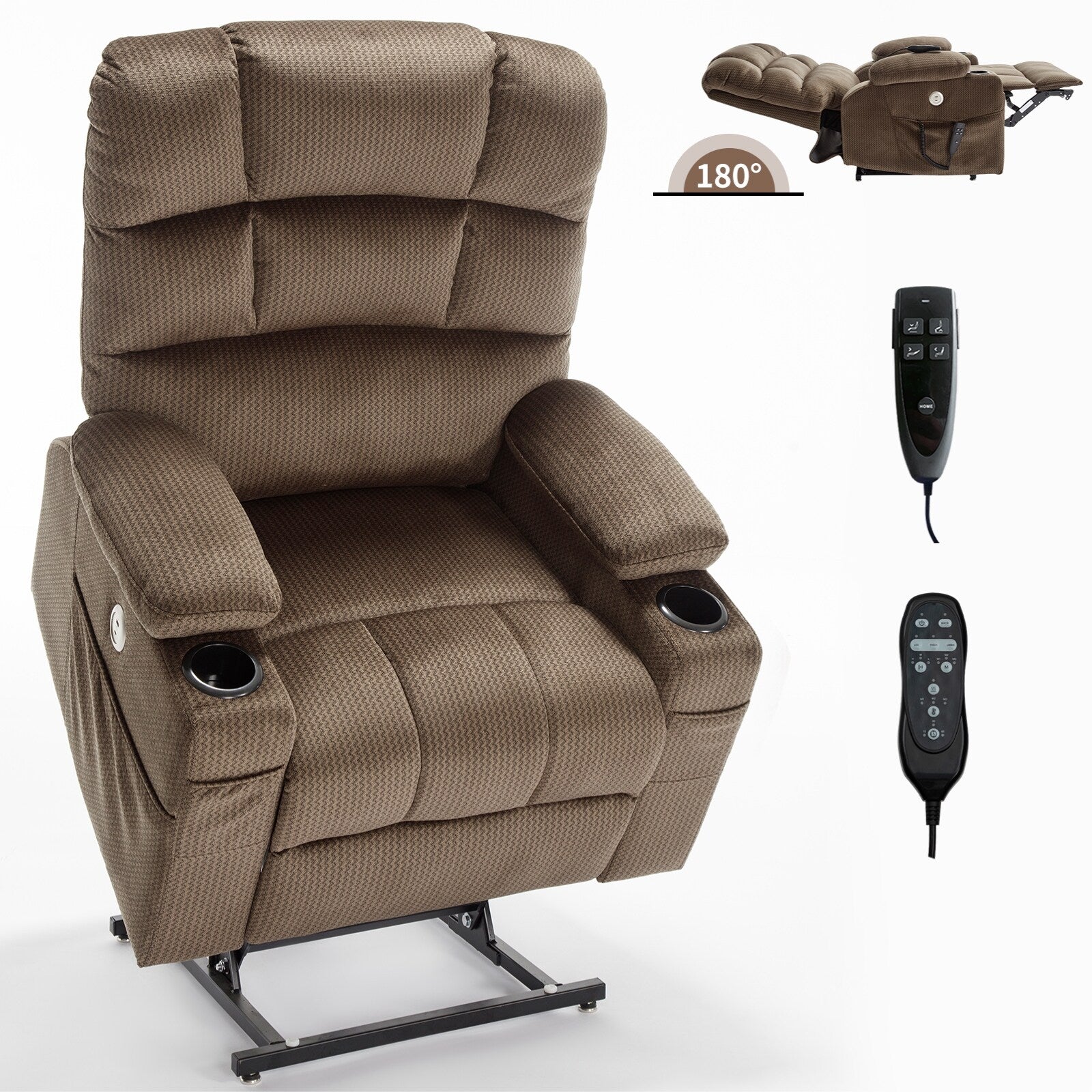 Fauteuil inclinable électrique à double moteur à position infinie, mécanisme de mouvement robuste avec porte-gobelets chauffants et de massage et poches latérales