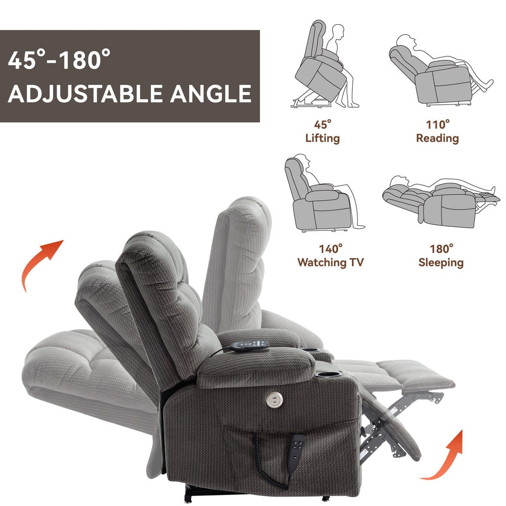 Fauteuil inclinable électrique à double moteur à position infinie, mécanisme de mouvement robuste avec porte-gobelets chauffants et de massage et poches latérales