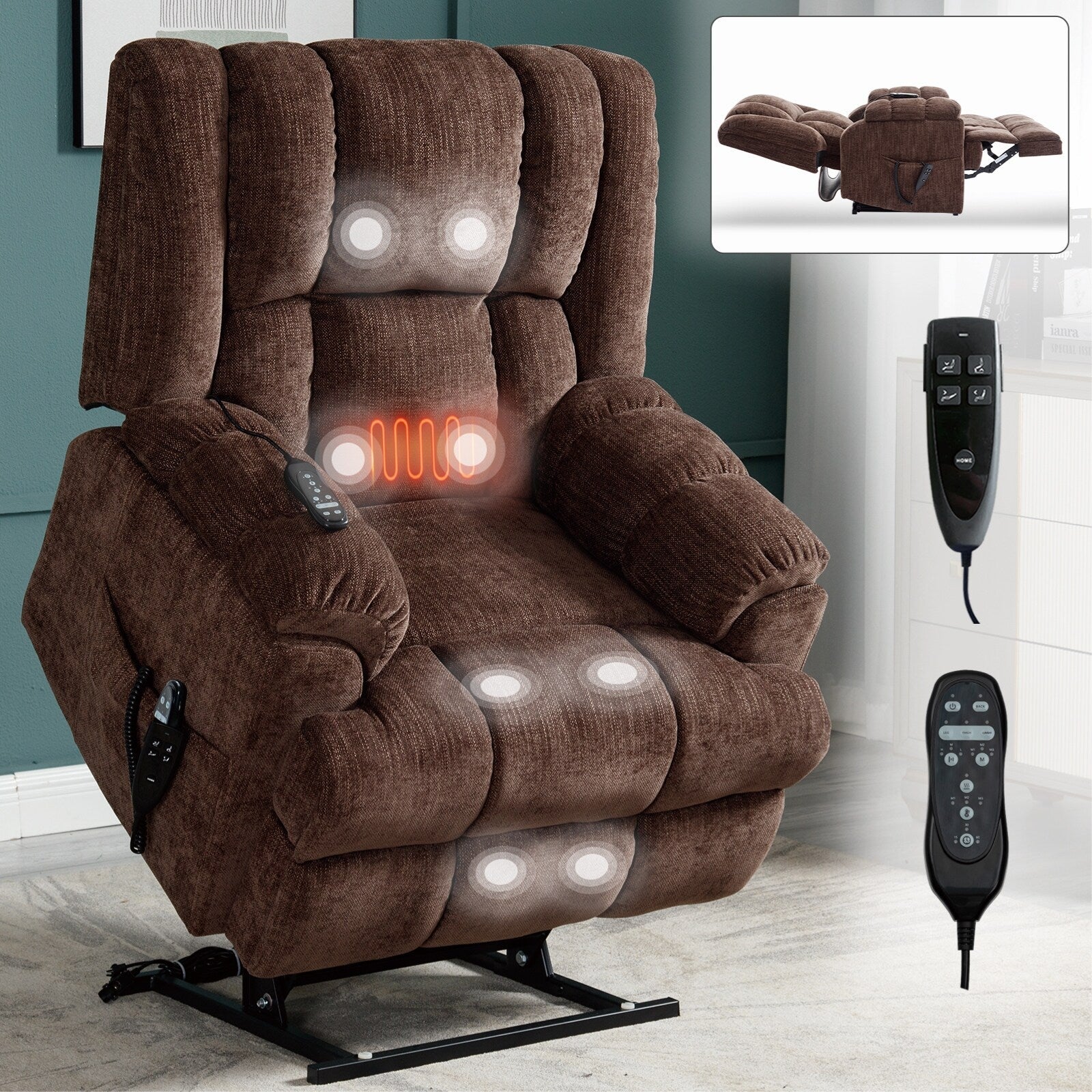 Fauteuil de massage robuste à position infinie, inclinable à double moteur avec télécommande électrique et chauffage lombaire