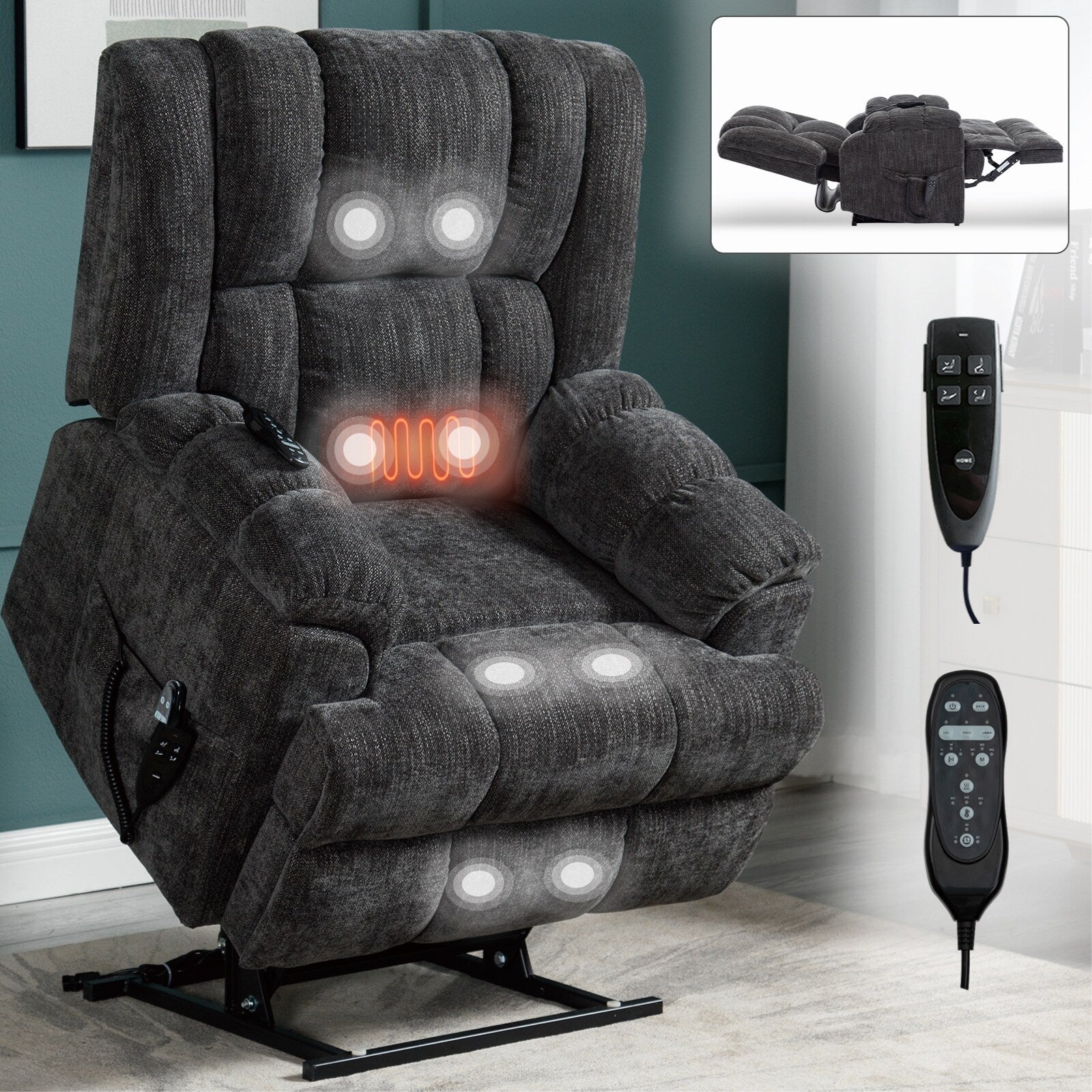 Fauteuil de massage robuste à position infinie, inclinable à double moteur avec télécommande électrique et chauffage lombaire