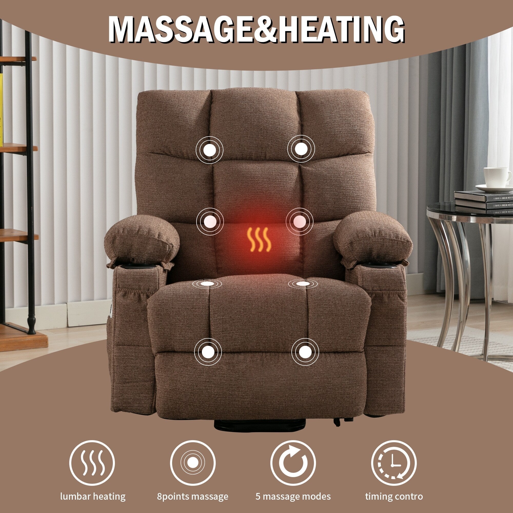 Fauteuil inclinable électrique à position infinie, canapé simple en tissu avec chauffage et massage, poche latérale, port de charge USB