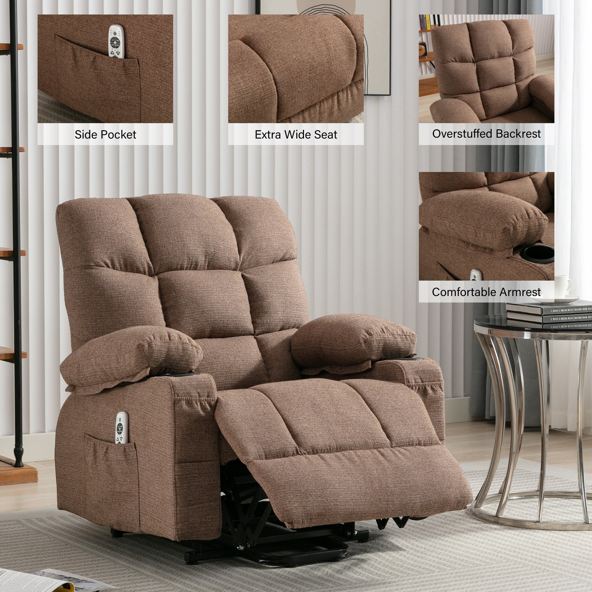 Fauteuil inclinable électrique à position infinie, canapé simple en tissu avec chauffage et massage, poche latérale, port de charge USB