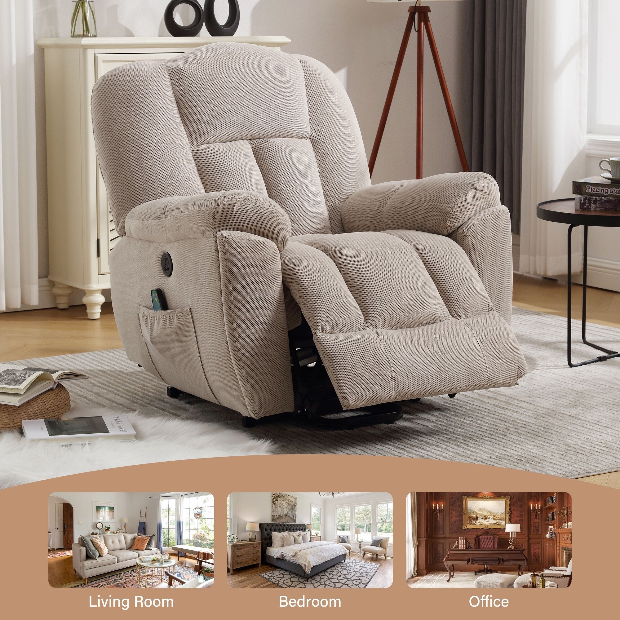 Fauteuil inclinable électrique à position infinie avec chauffage et massage, poche latérale et port de charge USB pour personnes âgées