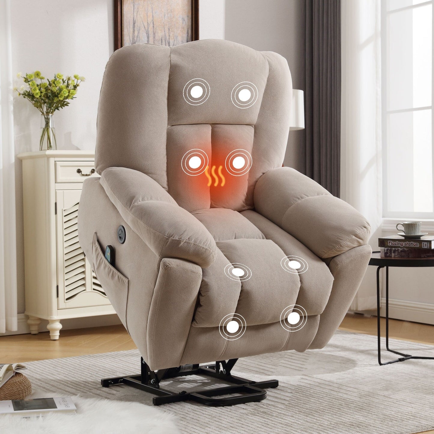 Fauteuil inclinable électrique à position infinie avec chauffage et massage, poche latérale et port de charge USB pour personnes âgées