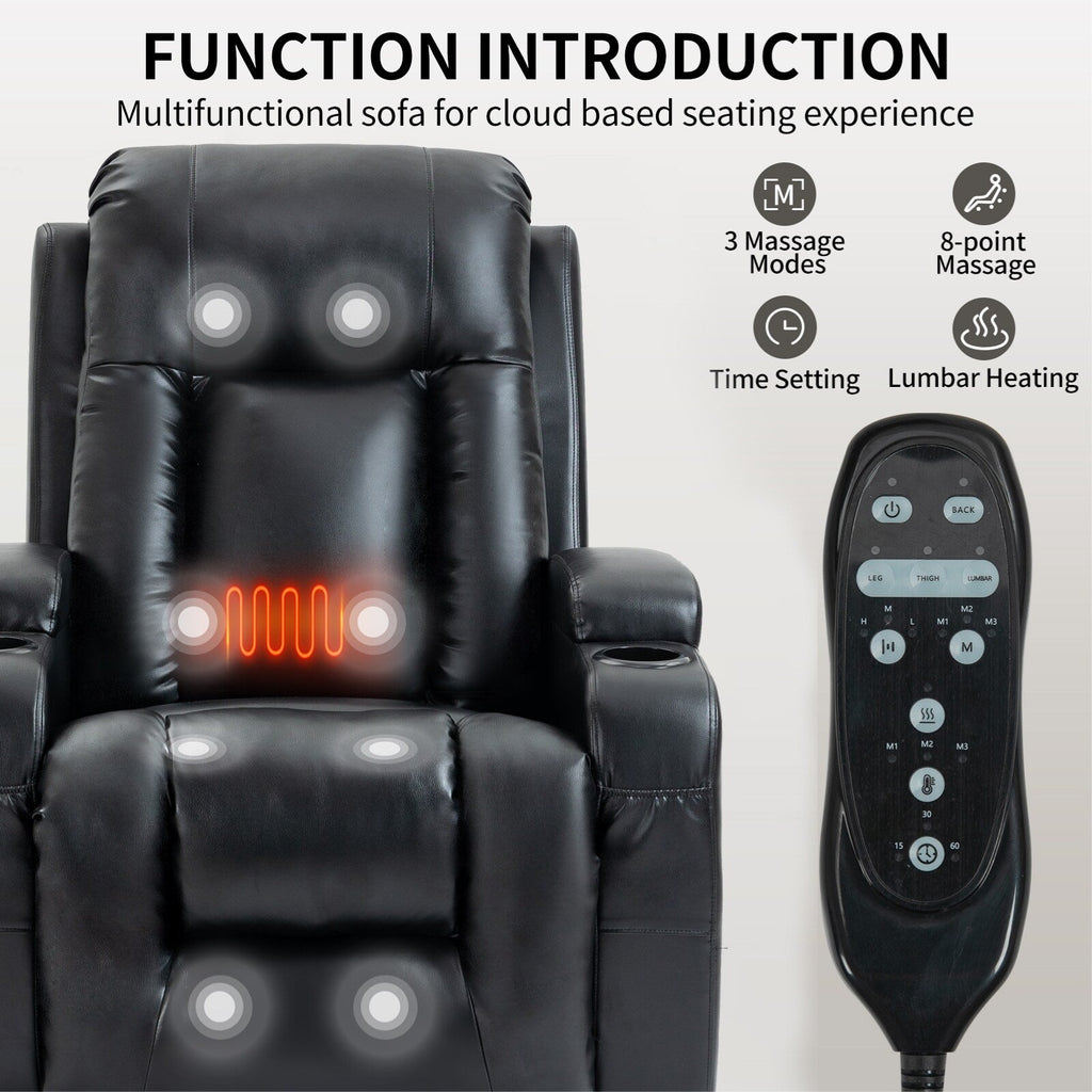 Fauteuil inclinable électrique à positions infinies avec massage et chauffage, deux ports USB, porte-gobelets, poches latérales, idéal pour les personnes âgées