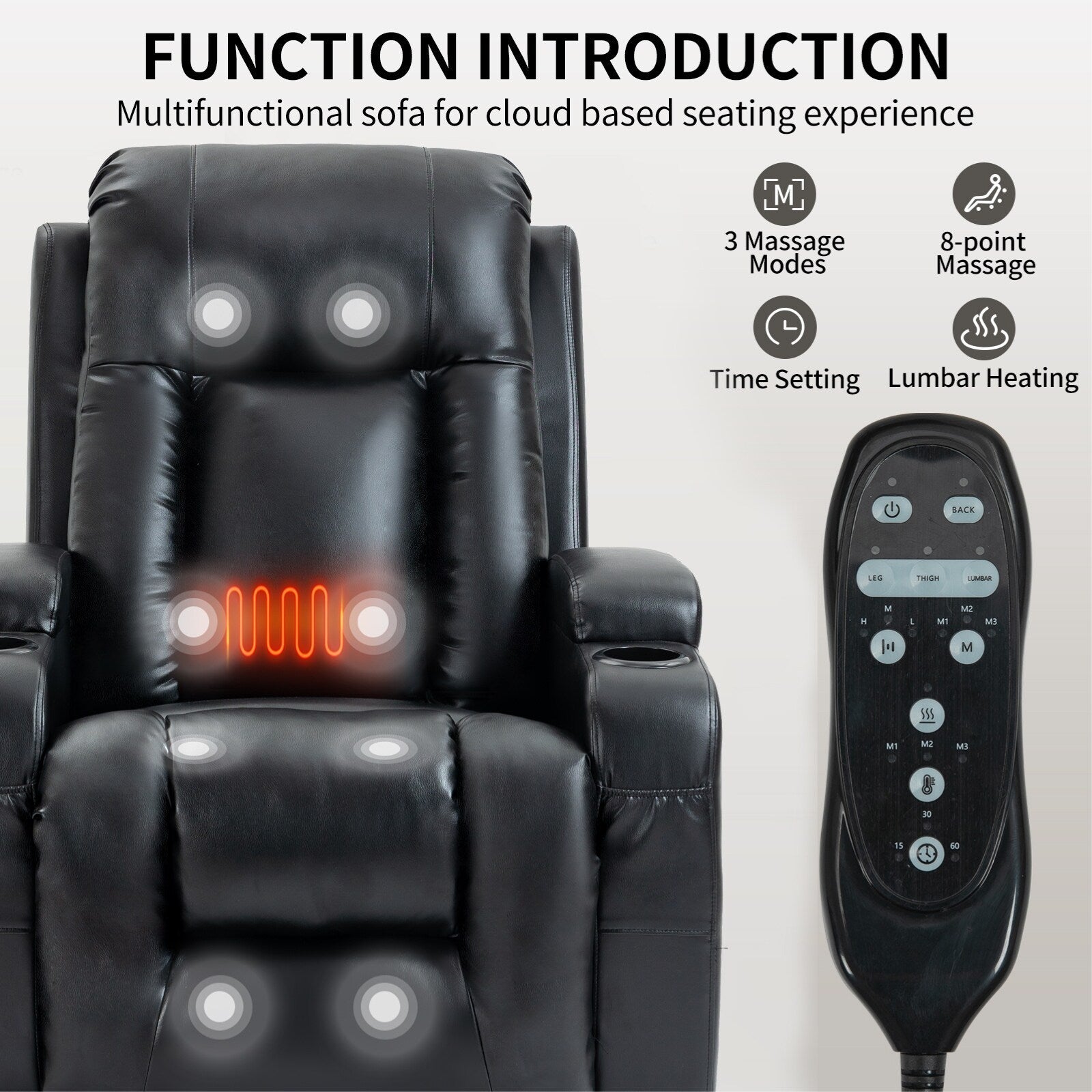 Fauteuil inclinable électrique à positions infinies avec massage et chauffage, deux ports USB, porte-gobelets, poches latérales, idéal pour les personnes âgées
