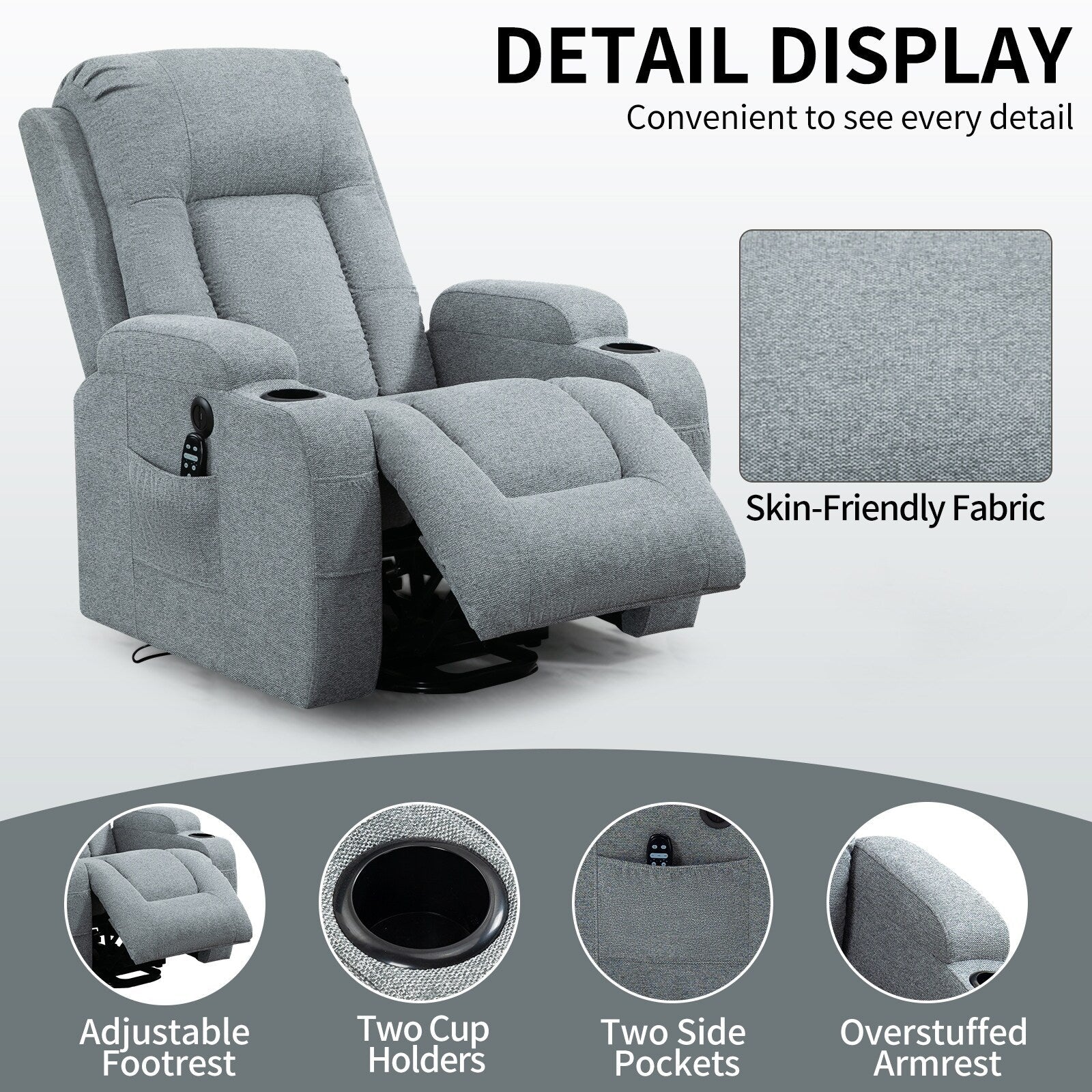 Fauteuil inclinable électrique à positions infinies avec massage et chauffage, deux ports USB, porte-gobelets, poches latérales, idéal pour les personnes âgées