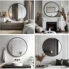 Miroir mural rond - Miroir de salle de bain noir avec cadre en métal - Miroir suspendu moderne pour entrée, salle de bain, coiffeuse, salon