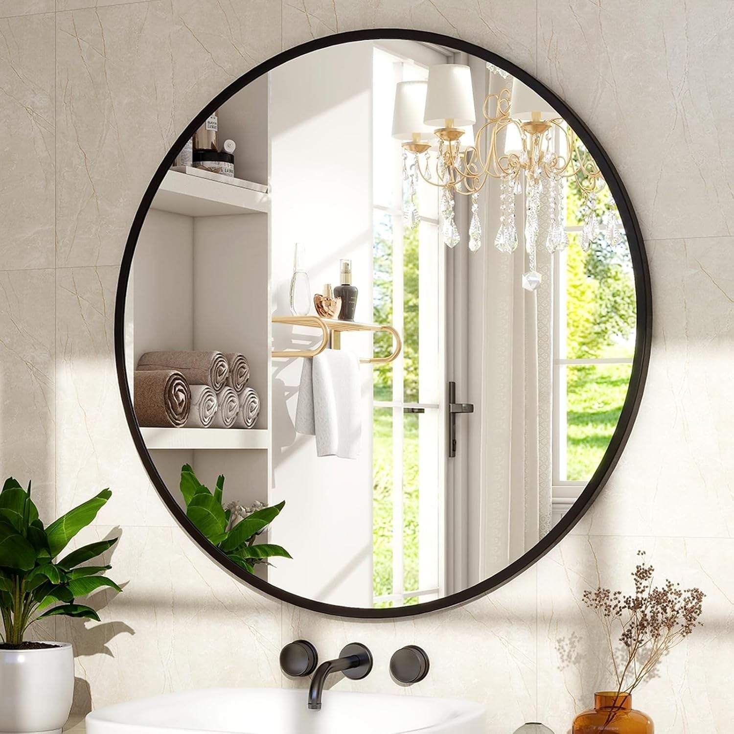 Miroir mural rond - Miroir de salle de bain noir avec cadre en métal - Miroir suspendu moderne pour entrée, salle de bain, coiffeuse, salon