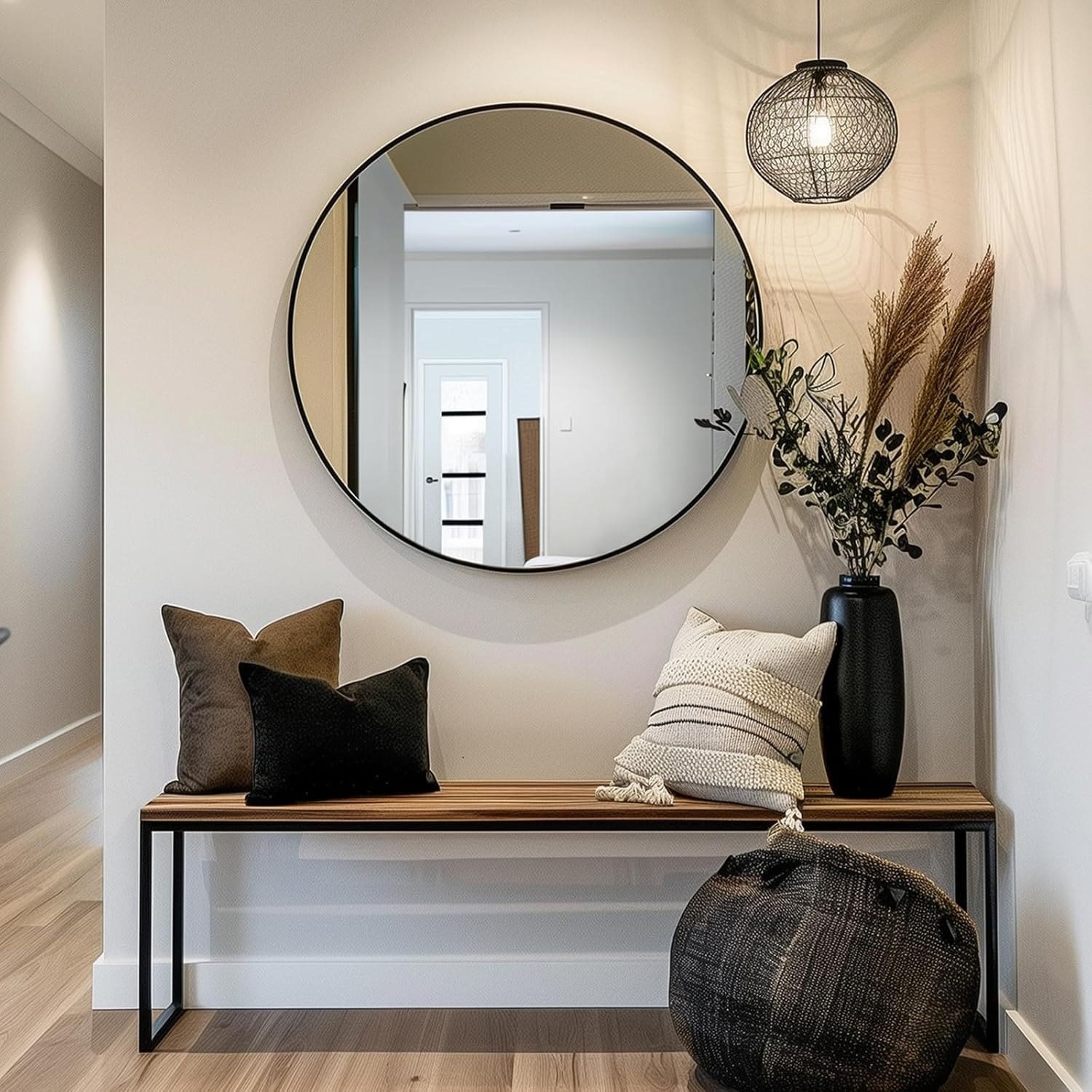 Miroir mural rond - Miroir de salle de bain noir avec cadre en métal - Miroir suspendu moderne pour entrée, salle de bain, coiffeuse, salon