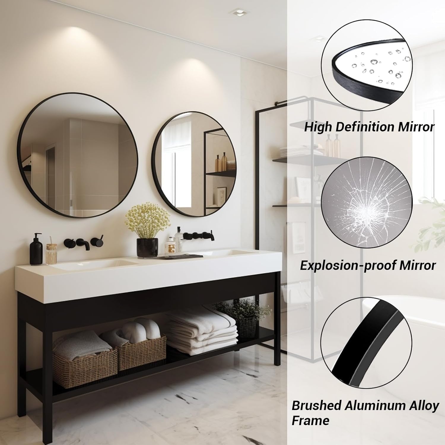 Miroir mural rond - Miroir de salle de bain noir avec cadre en métal - Miroir suspendu moderne pour entrée, salle de bain, coiffeuse, salon