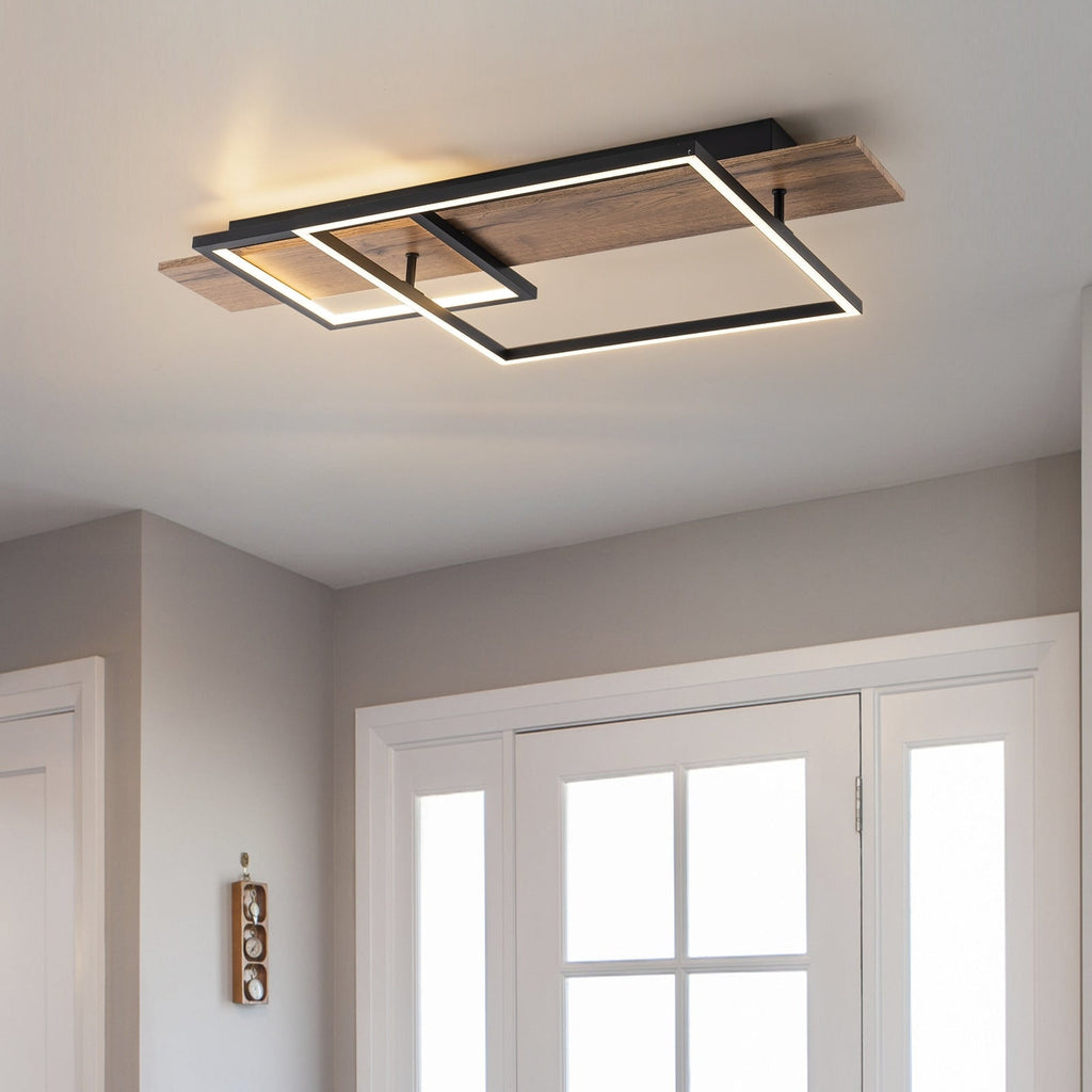 Plafonnier semi-encastré rectangulaire à LED intégré en bois pour couloir et hall d'entrée